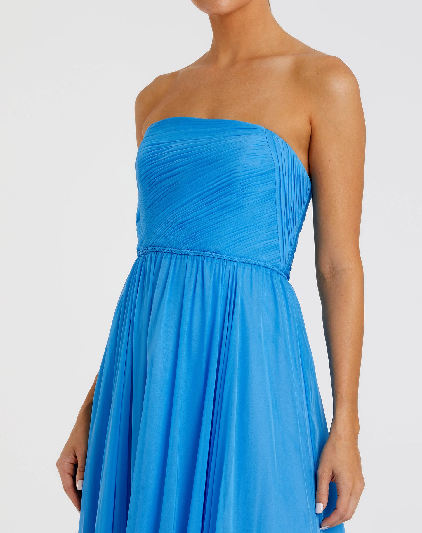 Blue Strapless Chiffon Gown With Braided Belt | Mac Duggal Blue Strapless Chiffon Gown With Braided Belt | Mac Duggal