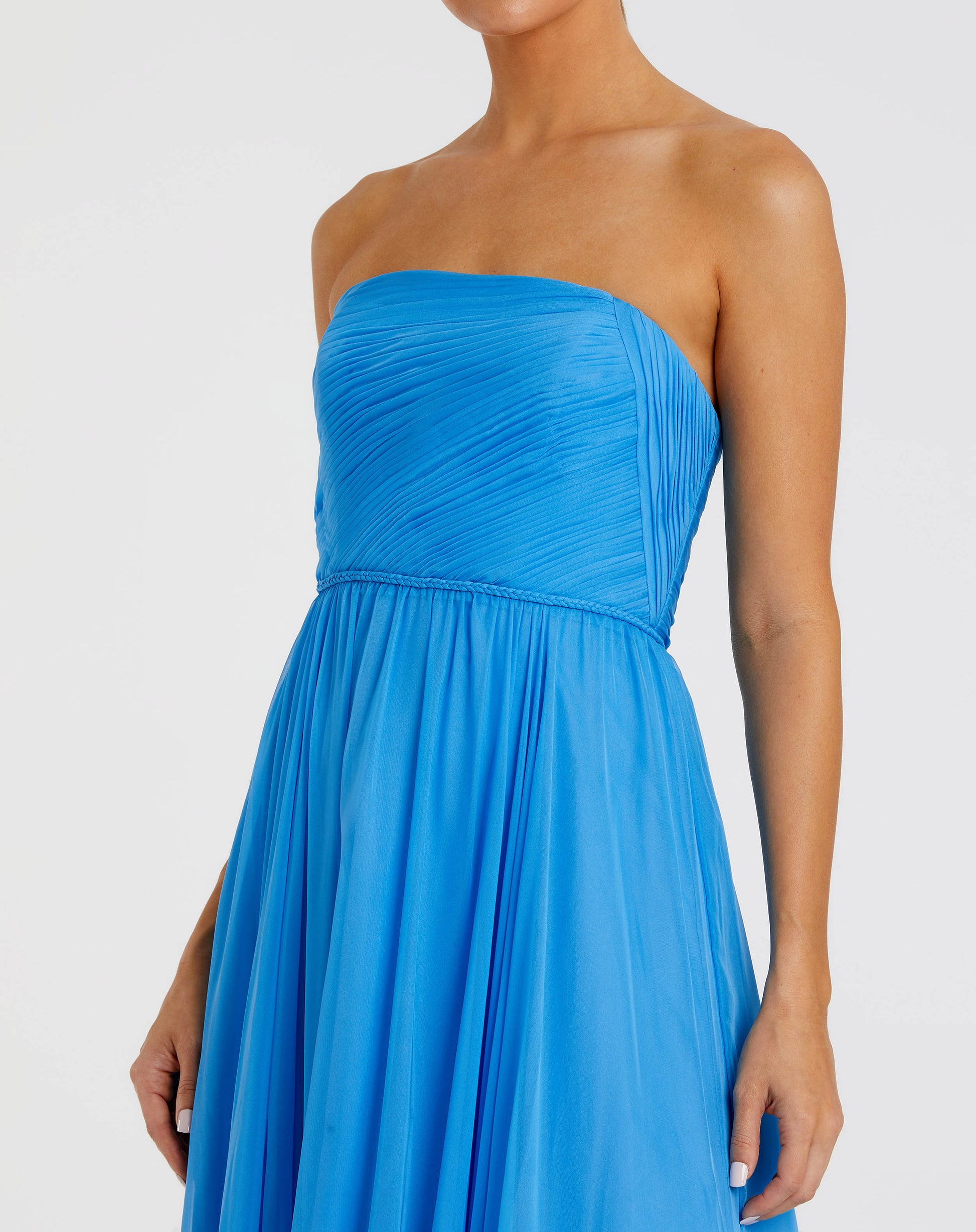 Blue Strapless Chiffon Gown With Braided Belt | Mac Duggal Blue Strapless Chiffon Gown With Braided Belt | Mac Duggal