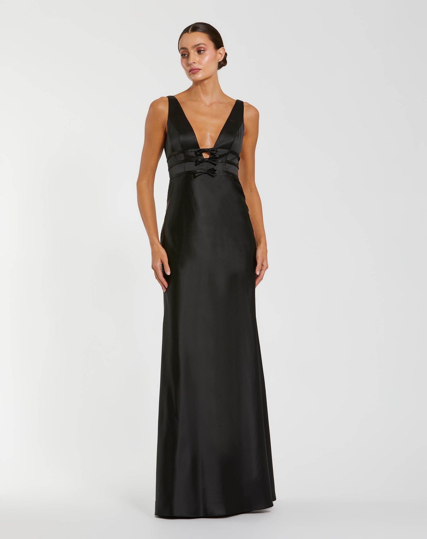 Black Sleeveless V Neck Satin Gown With Bow Details Ieena for Mac Duggal