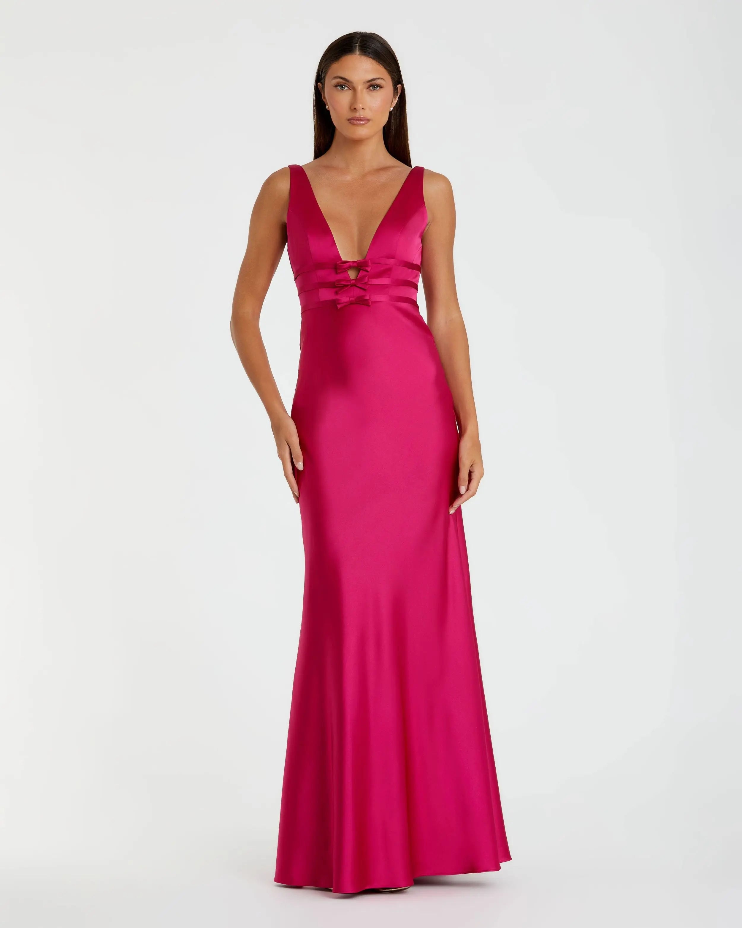 Hot Pink Sleeveless V Neck Satin Gown With Bow Details - Mac Duggal