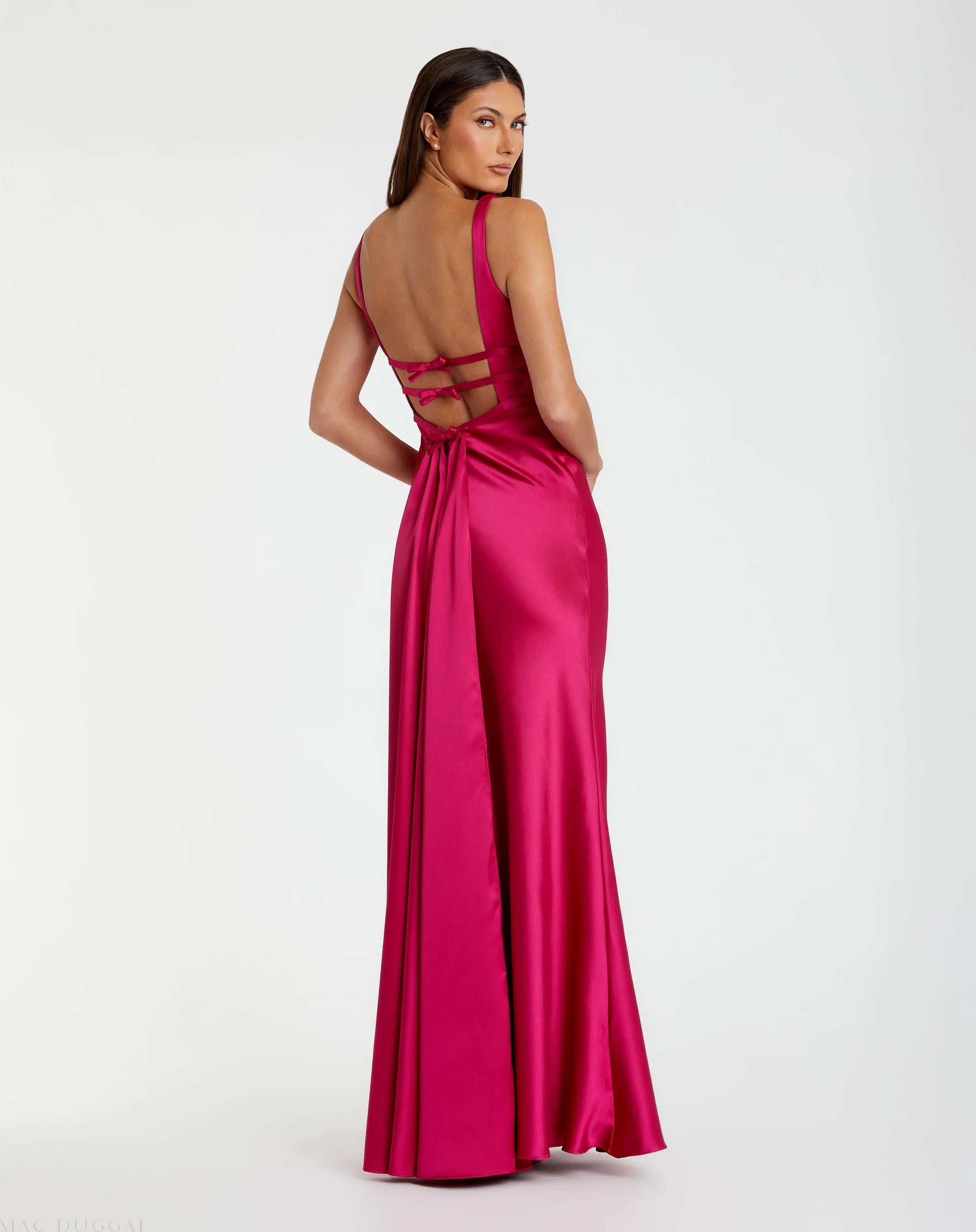 Hot Pink Sleeveless V Neck Satin Gown With Bow Details - Mac Duggal