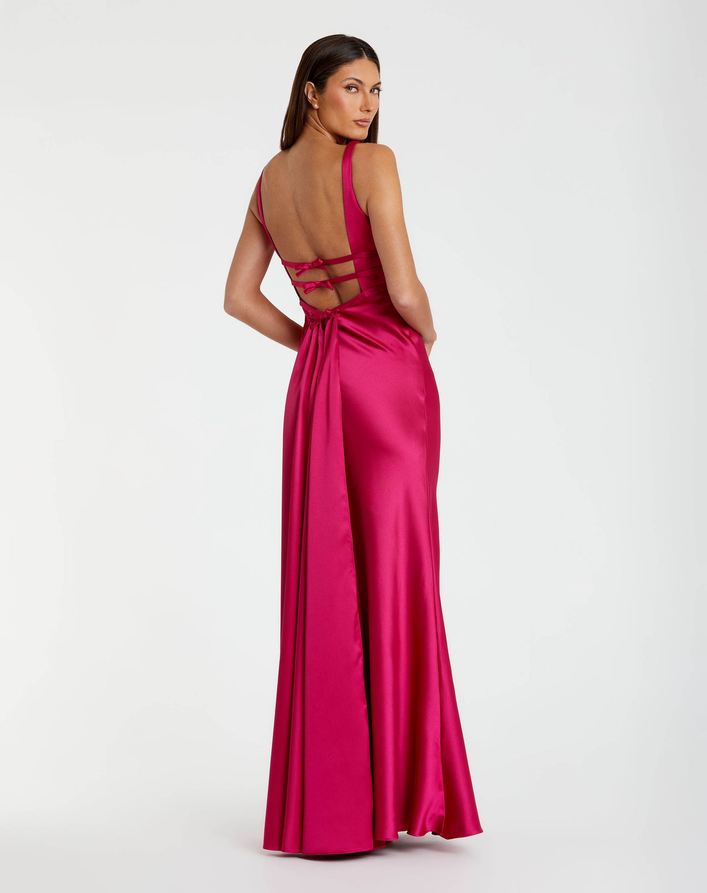 Sleeveless V Neck Satin Gown With Bow Details