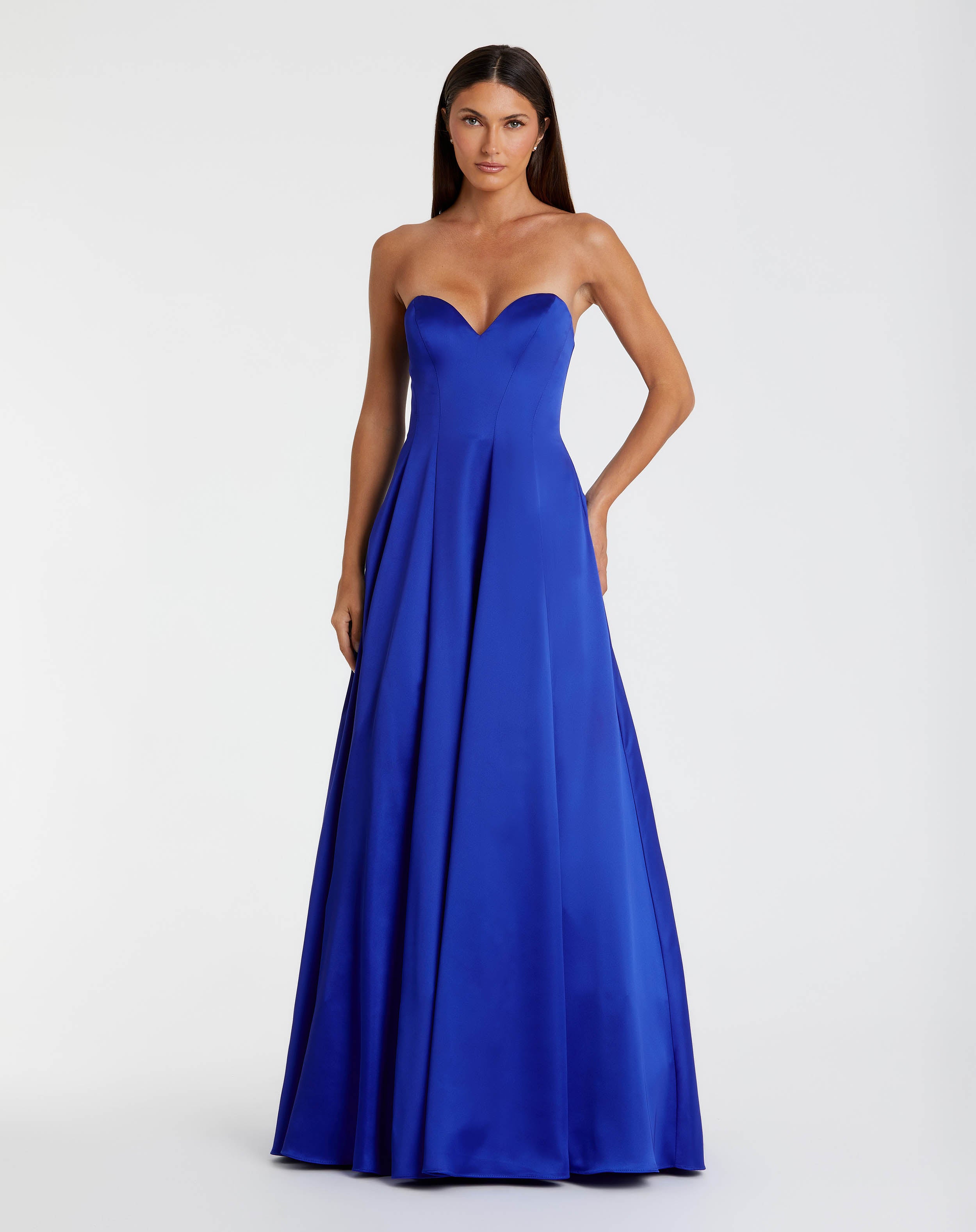 Blue Satin Strapless Ballgown With Bow Details - Ieena for Mac Duggal