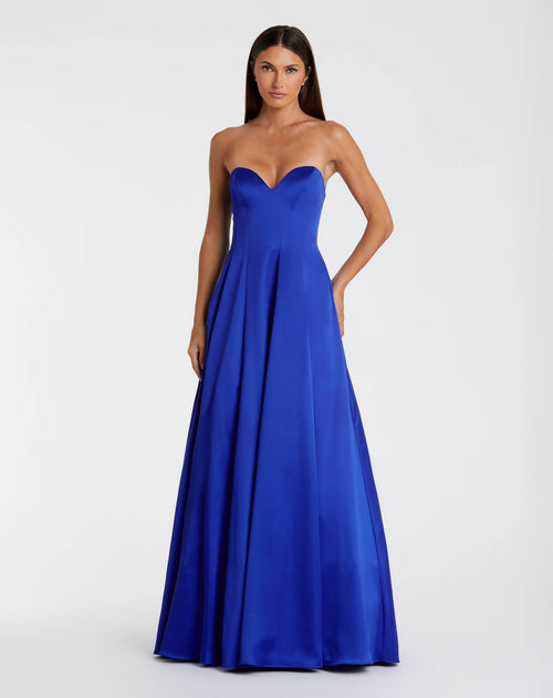 Blue Satin Strapless Ballgown With Bow Details - Ieena for Mac Duggal