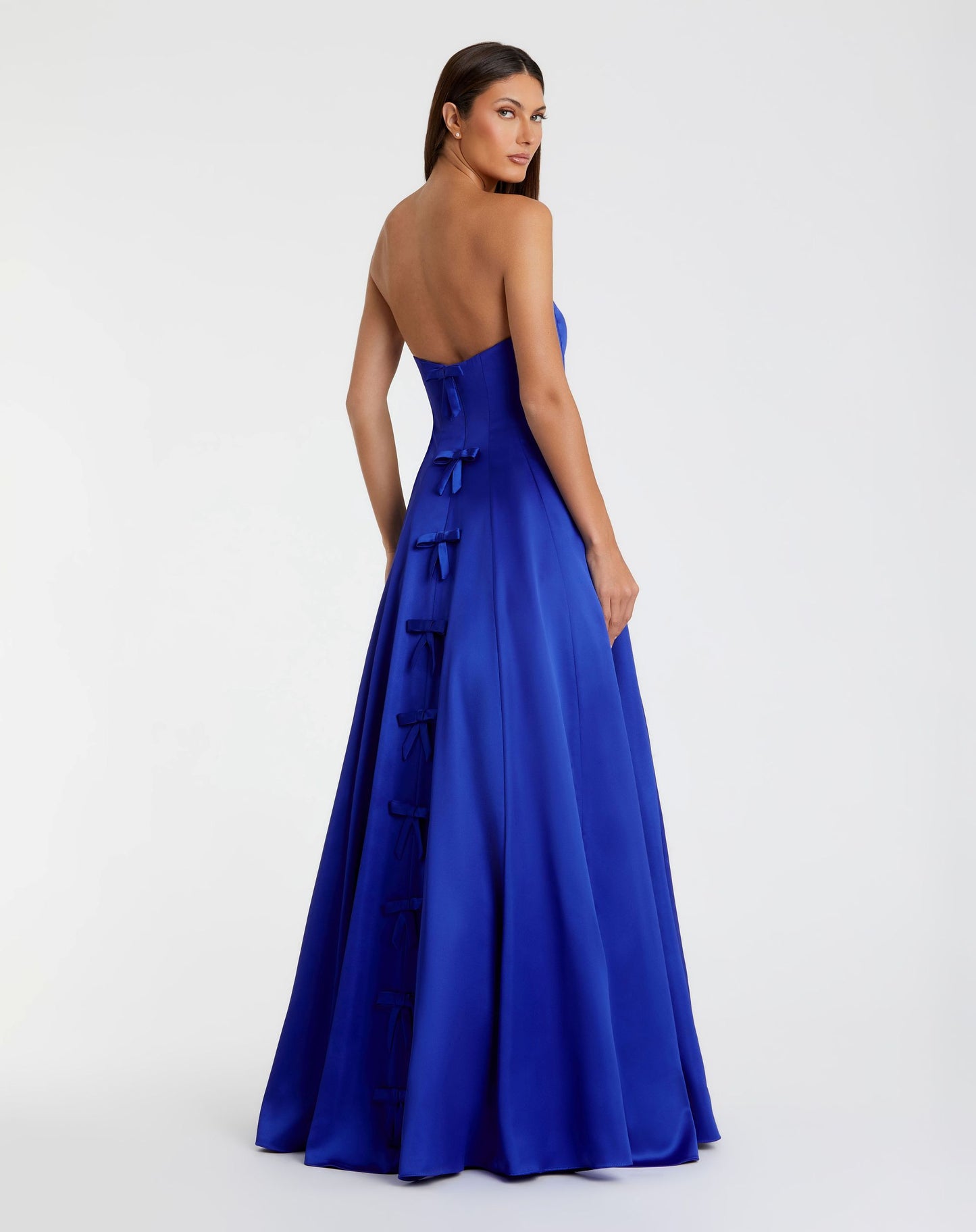 Blue Satin Strapless Ballgown With Bow Details - Ieena for Mac Duggal