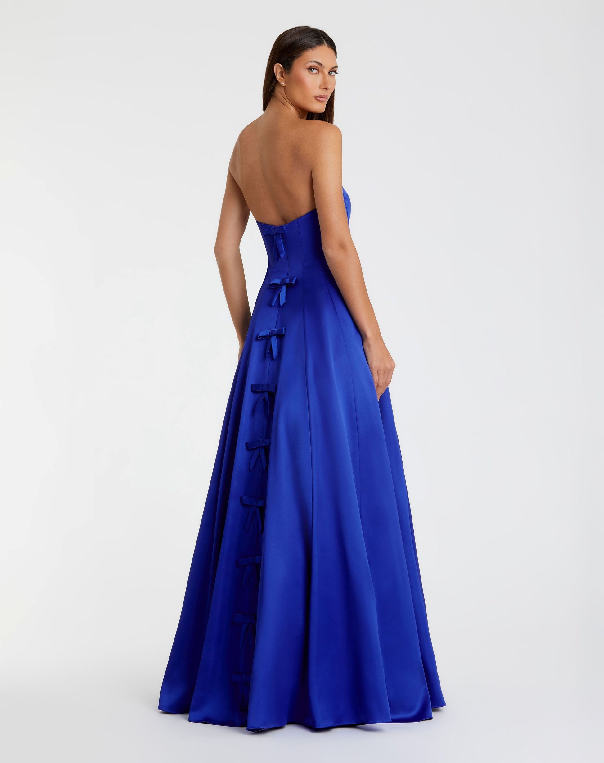 Blue Satin Strapless Ballgown With Bow Details - Ieena for Mac Duggal