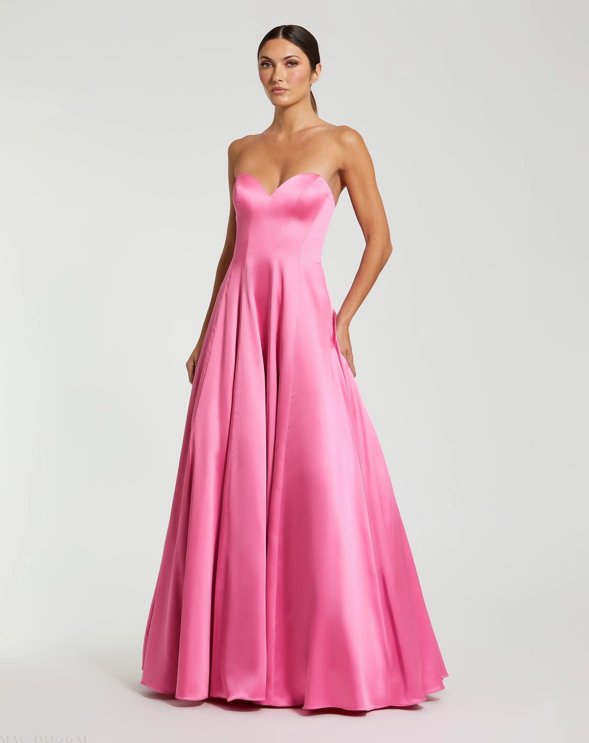 Pink Strapless Satin Ballgown With Bow Details | Mac Duggal Pink Strapless Satin Ballgown With Bow Details | Mac Duggal