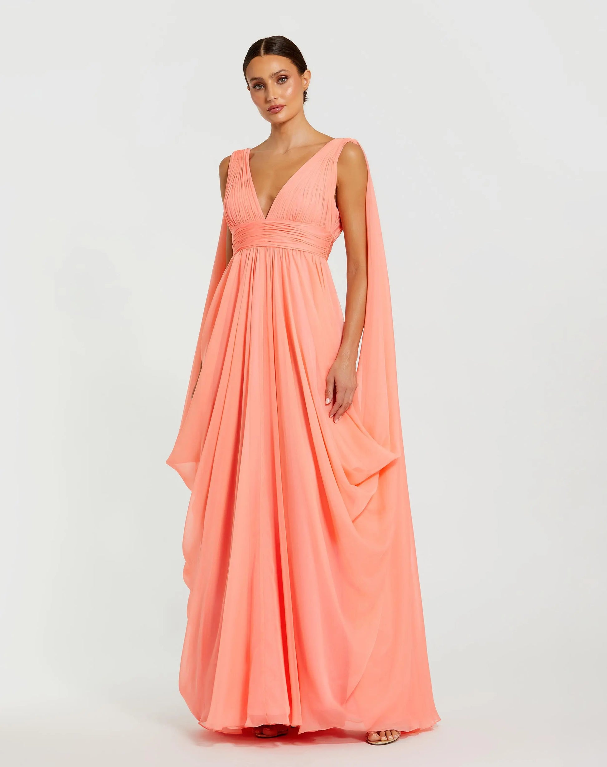 Pink V-Neck A-Line Chiffon Gown with Draped Details | Mac Duggal Pink V-Neck A-Line Chiffon Gown with Draped Details | Mac Duggal