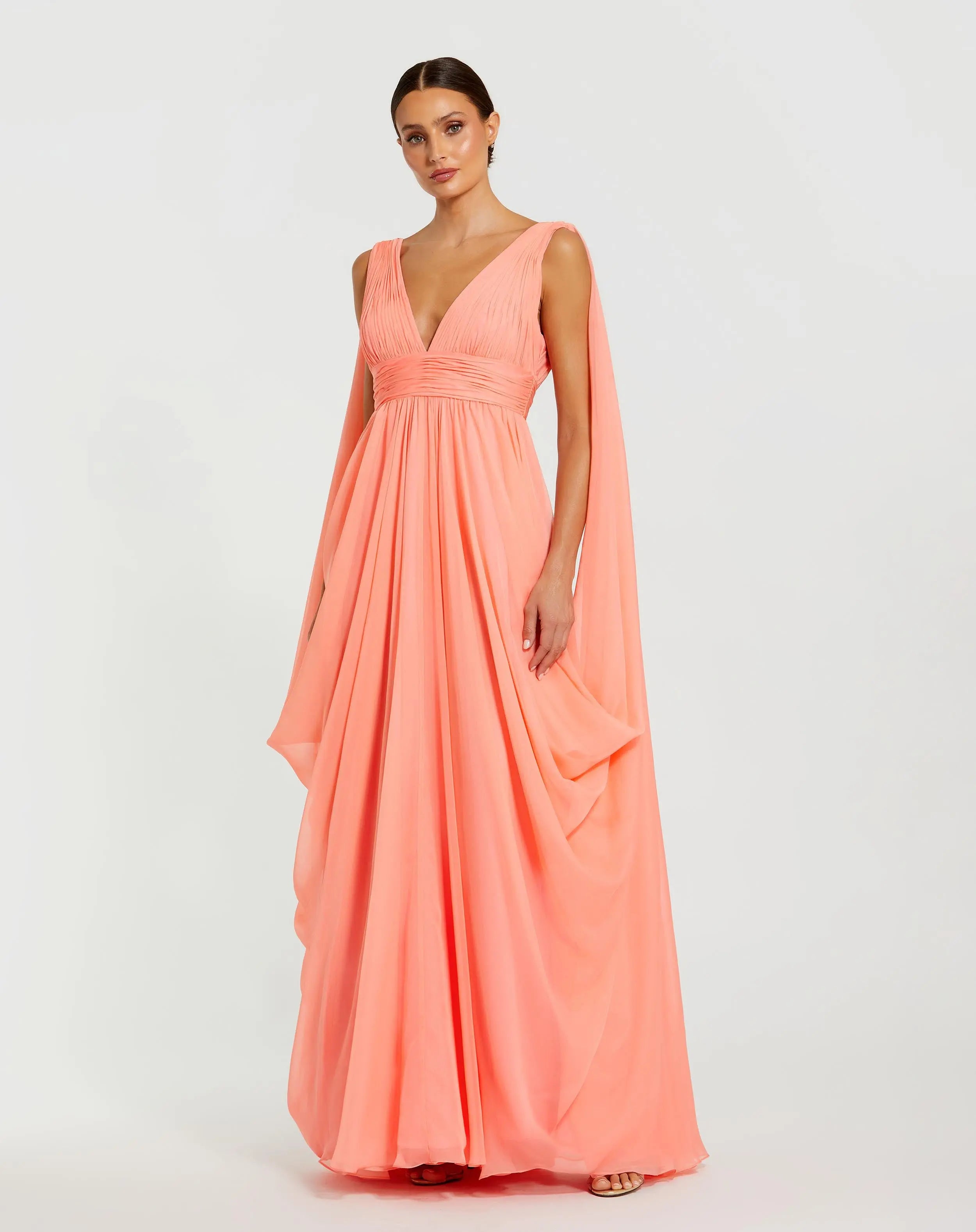 Pink V Neck Chiffon Evening Gown With Draping Details Mac Duggal