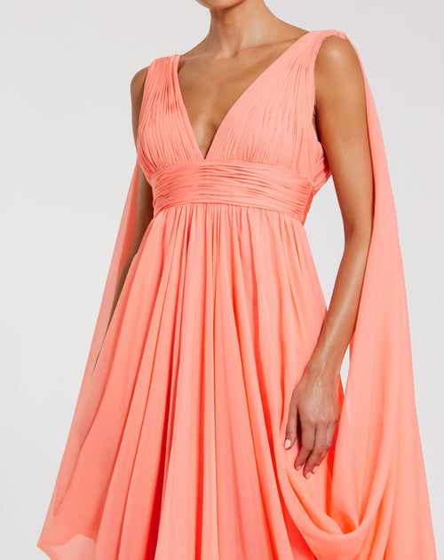 Pink V Neck Chiffon Gown With Draping Details - Mac Duggal