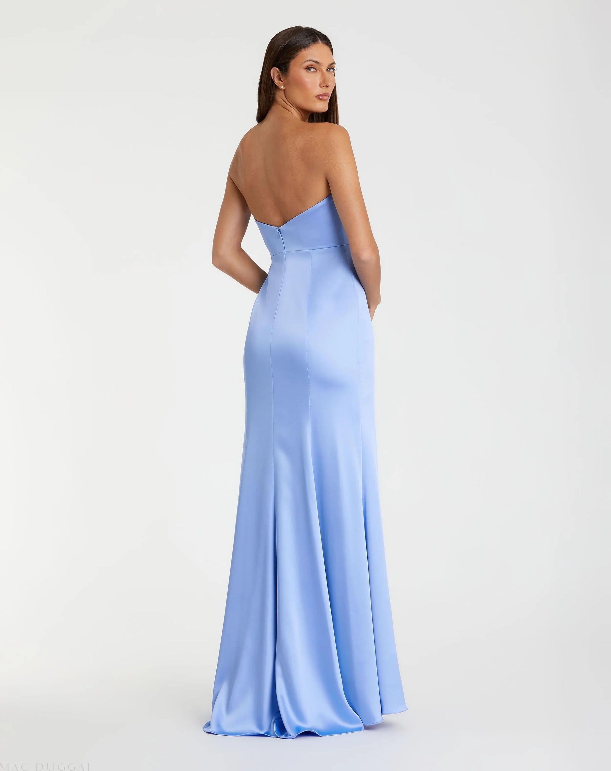 Blue Strapless Satin Column Gown With 3D Flower - Mac Duggal Blue Strapless Satin Column Gown With 3D Flower - Mac Duggal