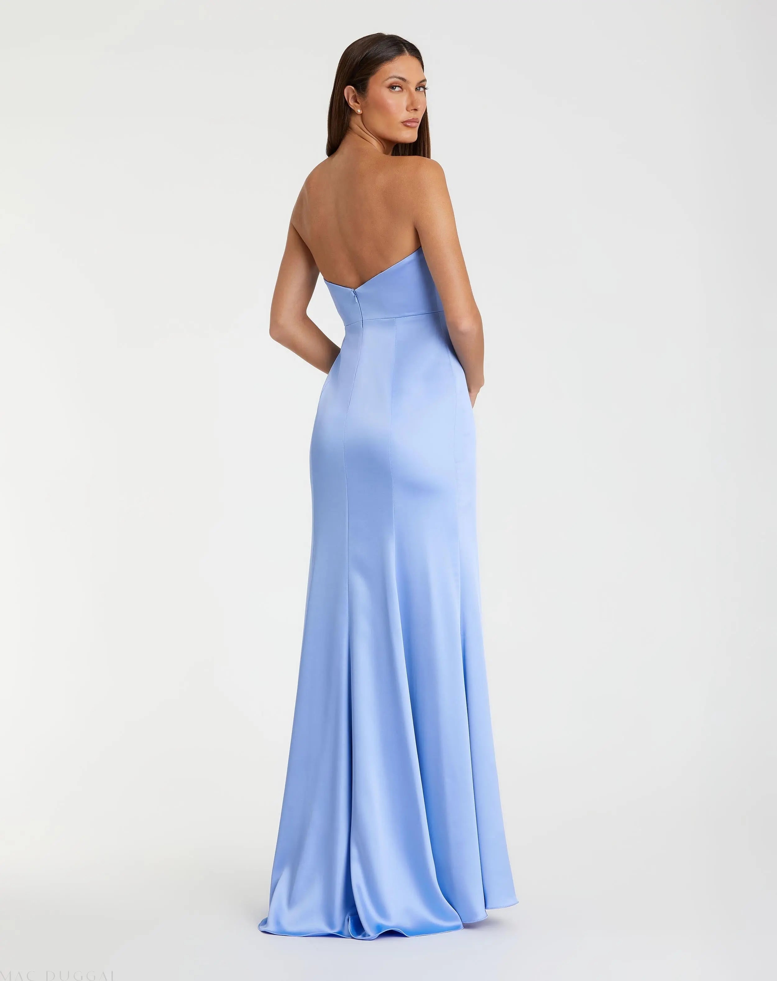 Blue Strapless Satin Column Gown With 3D Flower - Mac Duggal