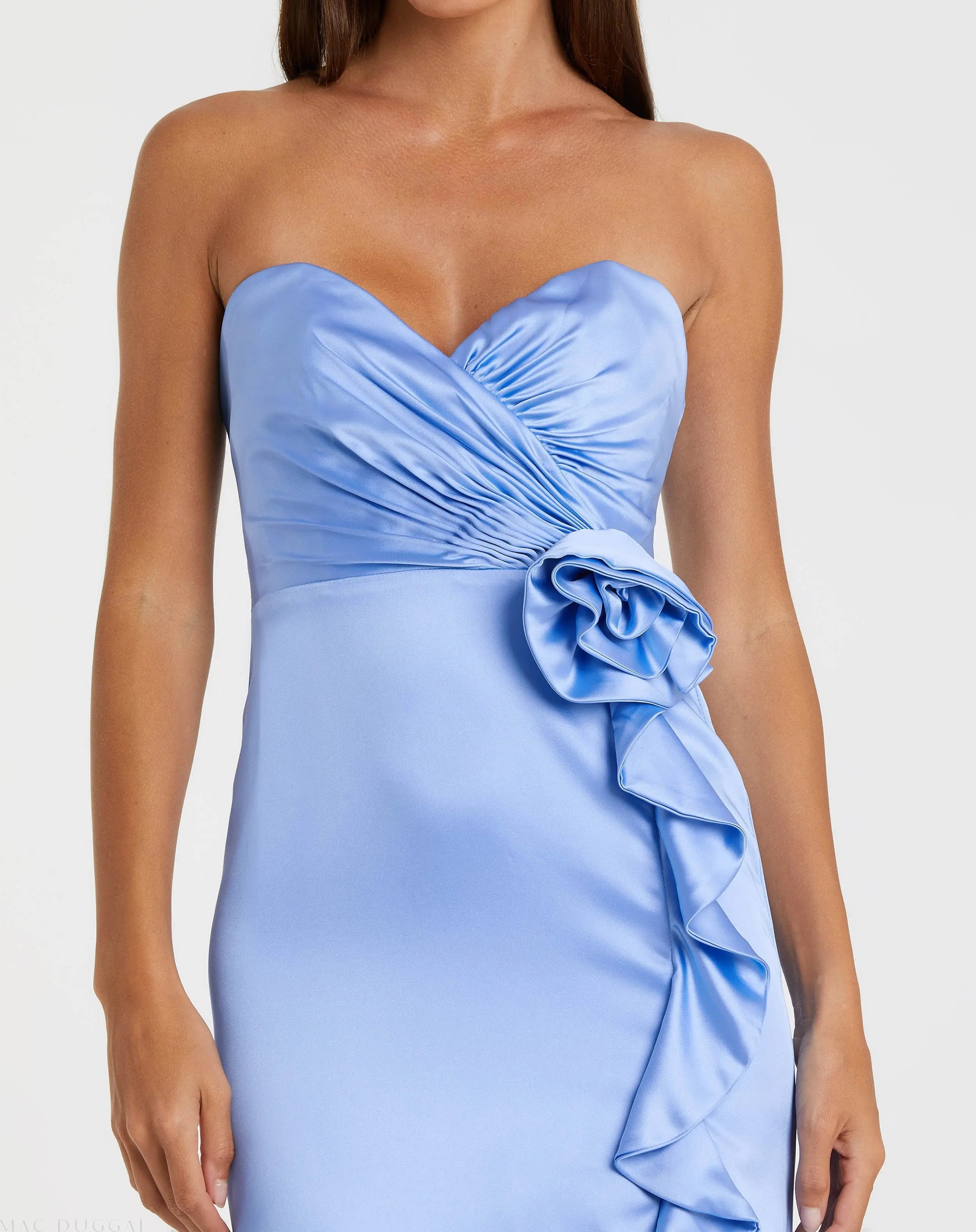 Blue Strapless Satin Column Gown With 3D Flower - Mac Duggal