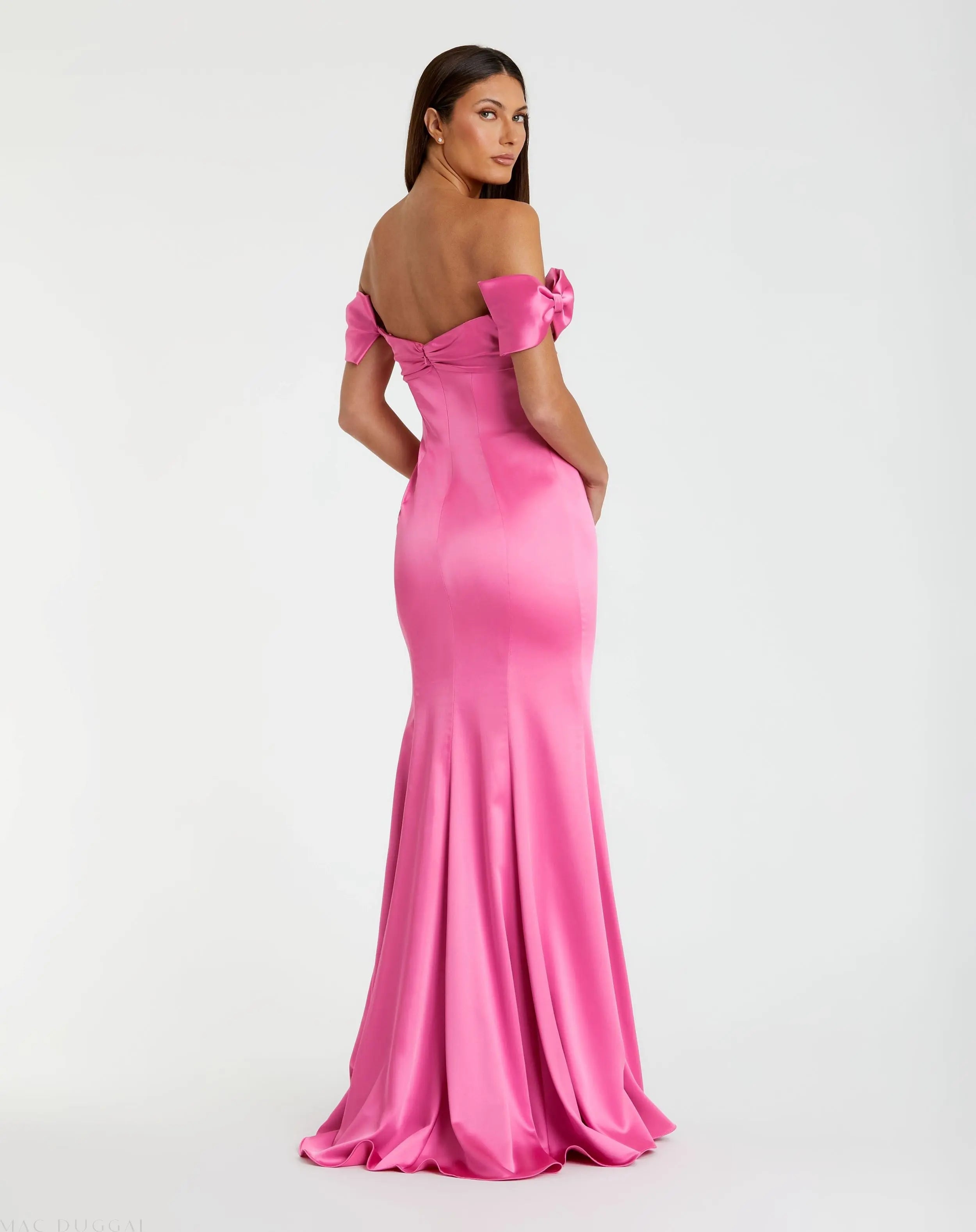 Pink Off-the-Shoulder Satin Trumpet Gown with Bows - Mac Duggal