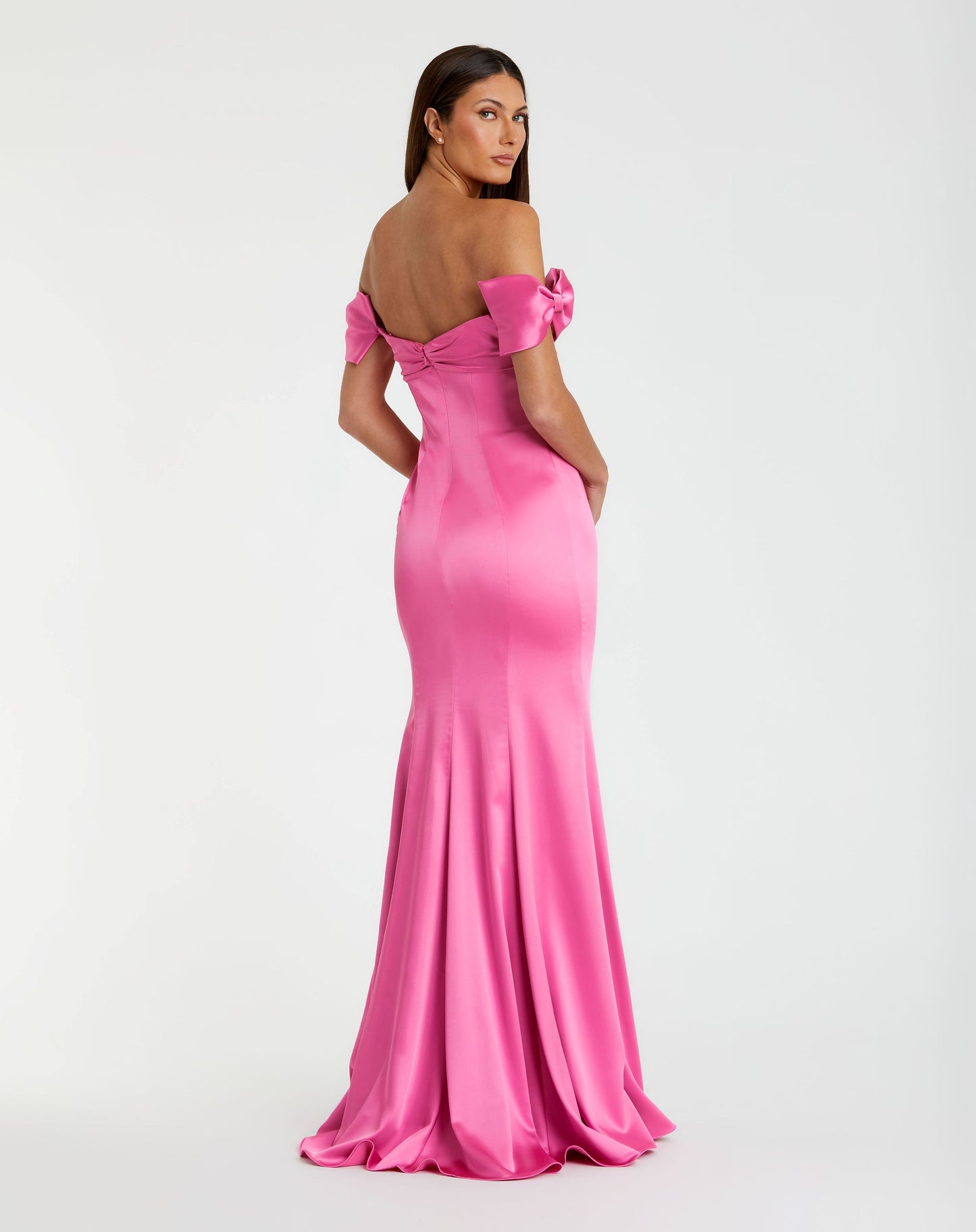 Pink Satin Off The Shoulder Mermaid Gown With Bows