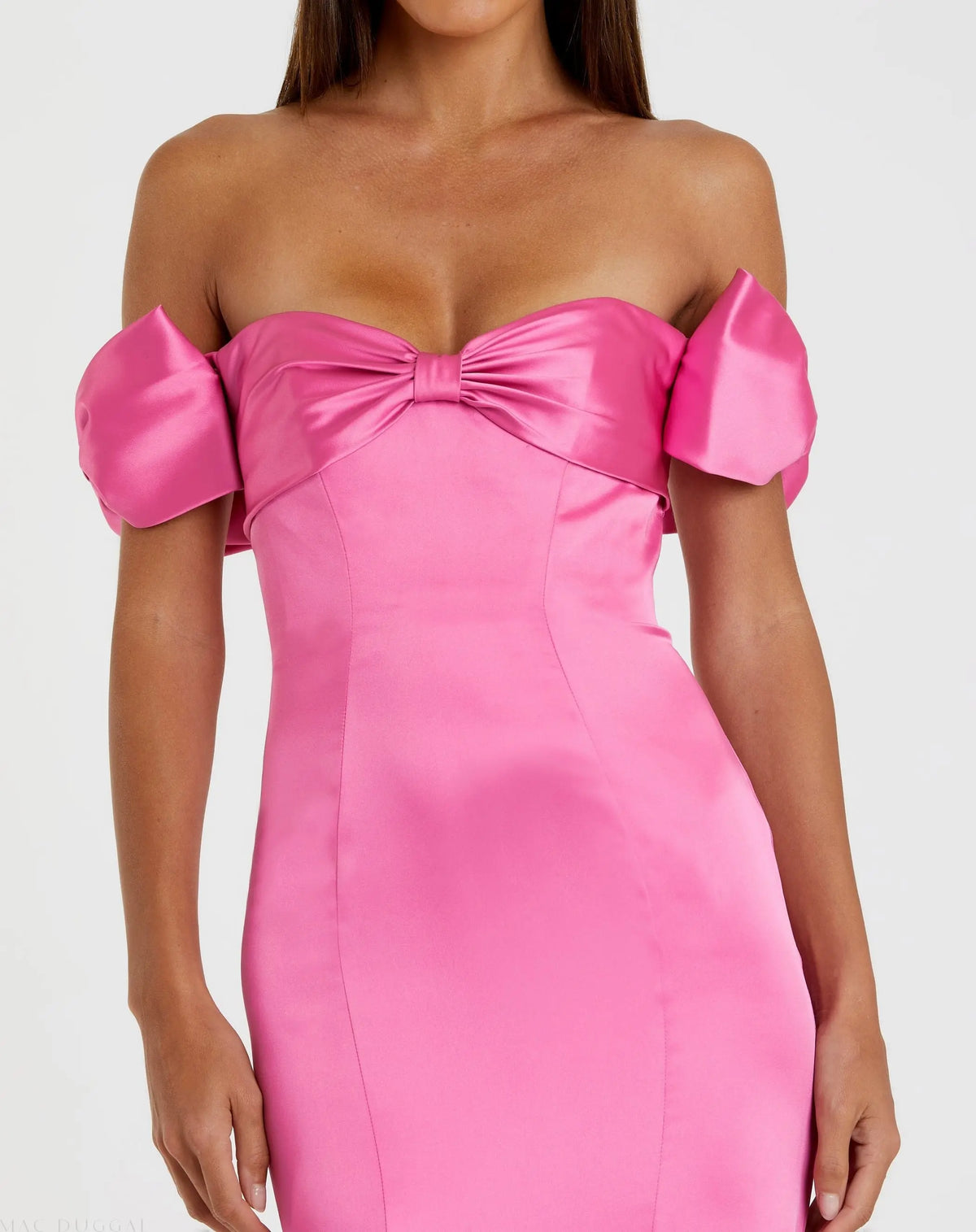Pink Off-the-Shoulder Satin Trumpet Gown with Bows | Mac Duggal