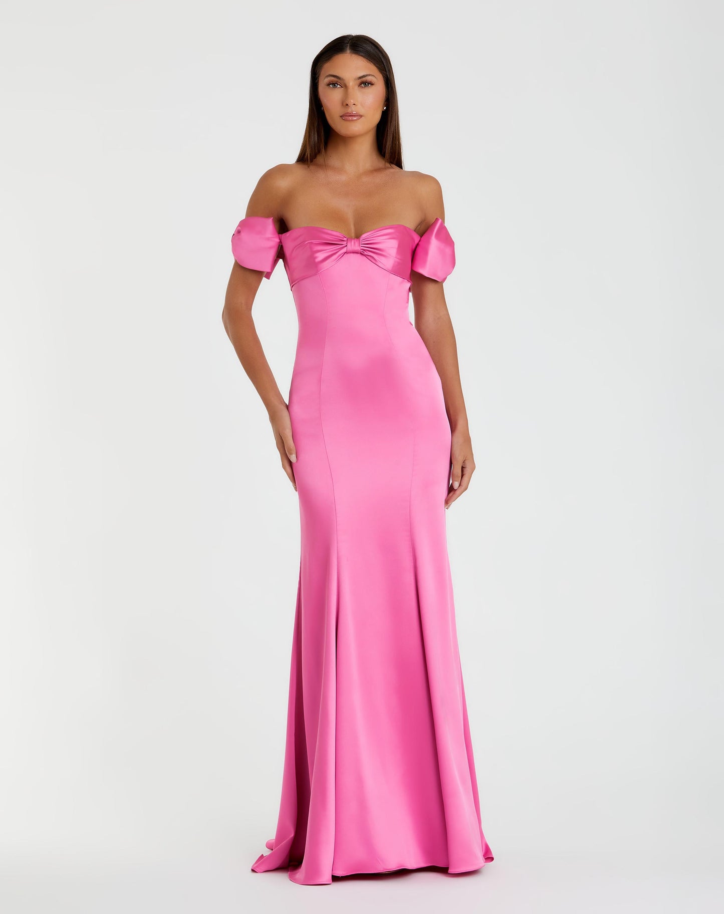 Pink Satin Off The Shoulder Mermaid Gown With Bows