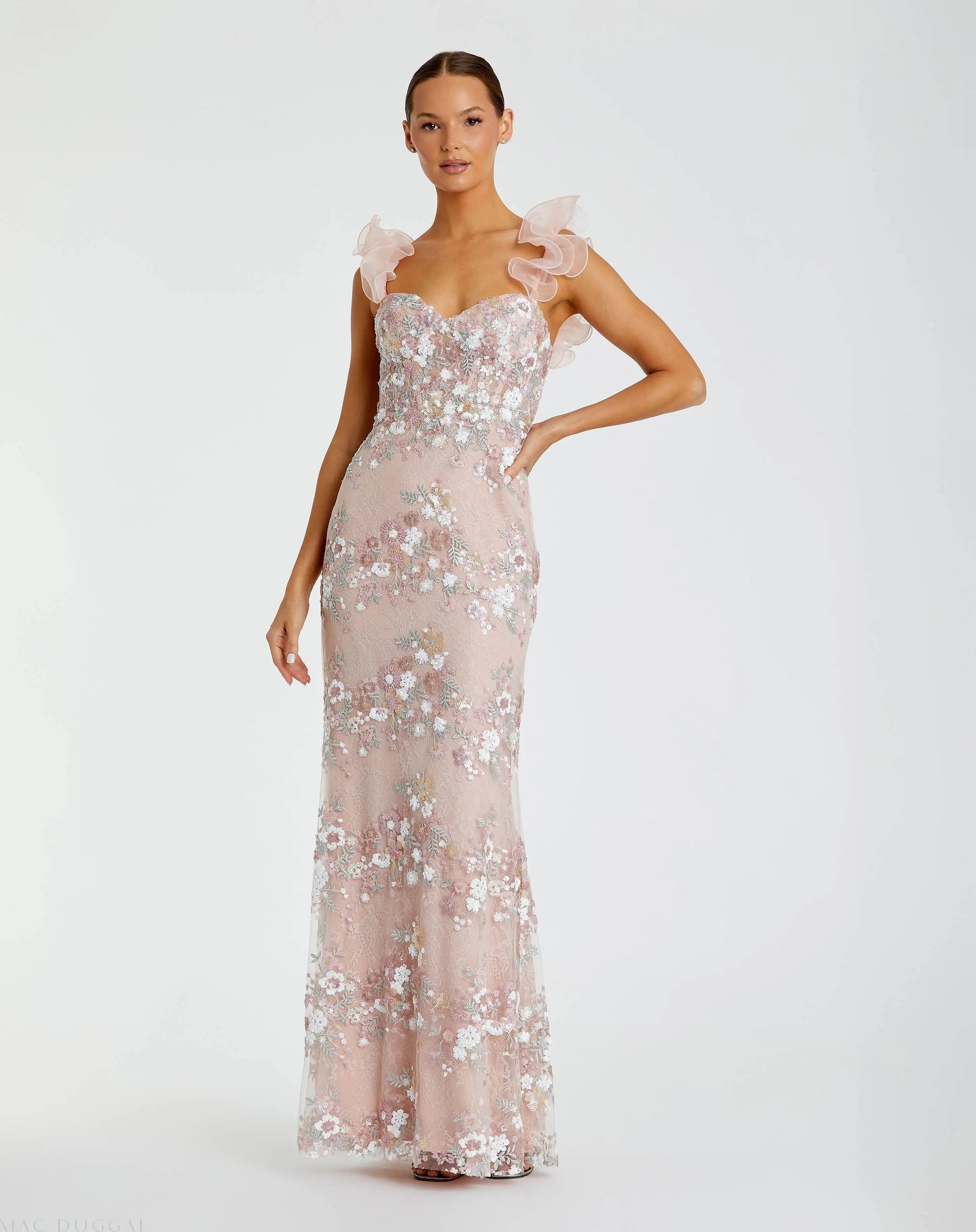 Pink Embroidered Lace Floral Gown with Ruffle Straps | Mac Duggal Pink Embroidered Lace Floral Gown with Ruffle Straps | Mac Duggal