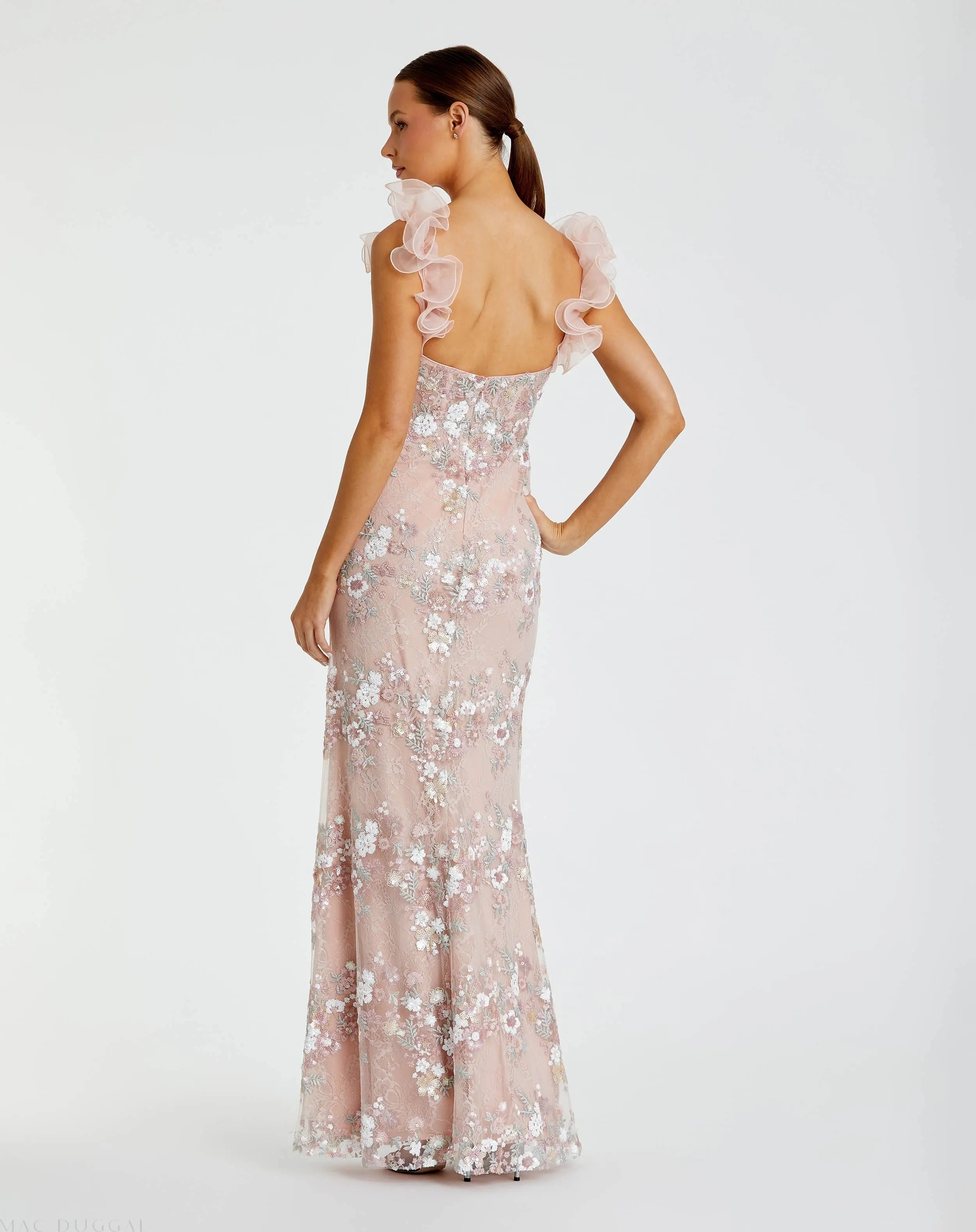 Pink Embroidered Floral Column Gown with Ruffle Straps - Mac Duggal