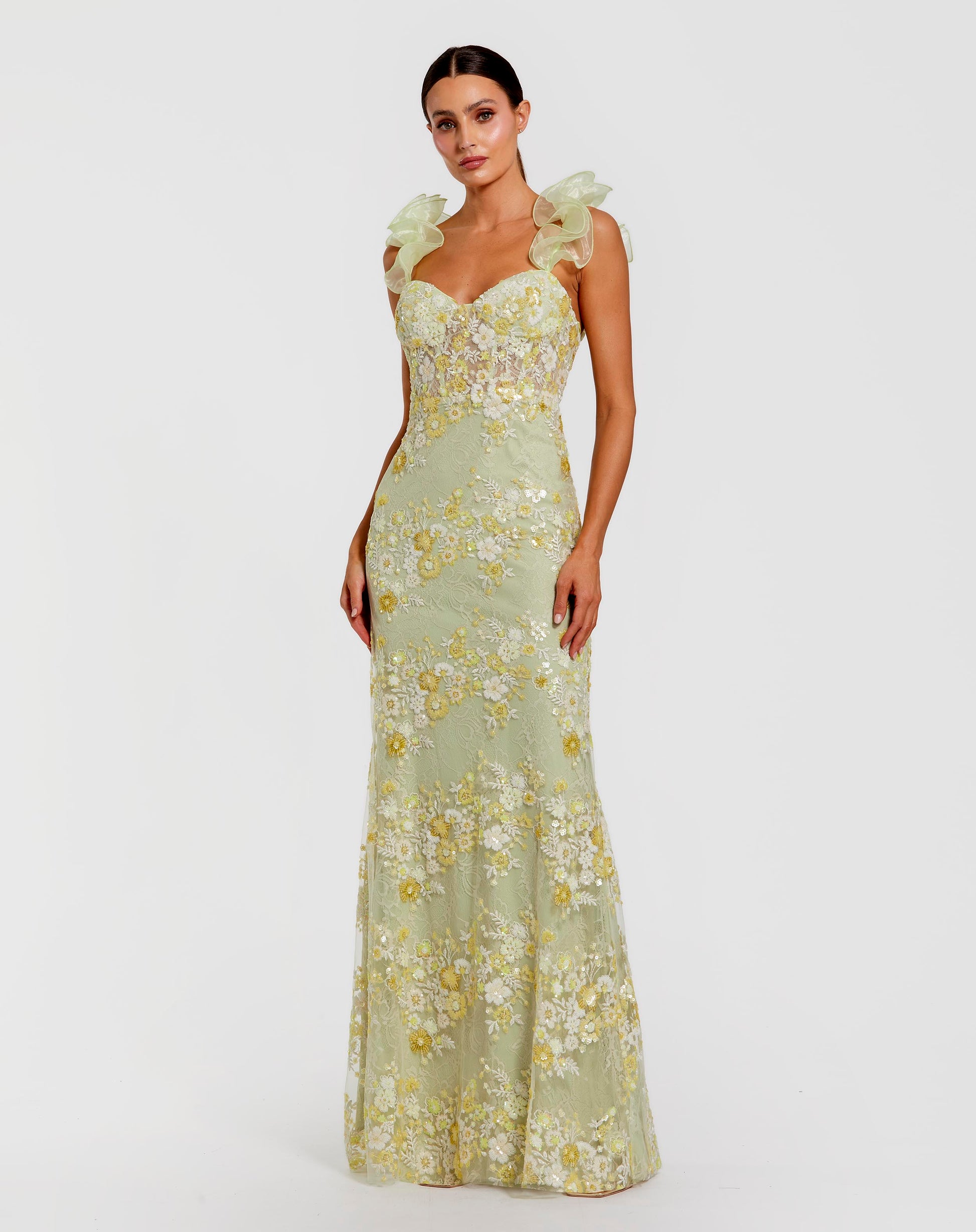 Green Embroidered Lace Floral Gown with Ruffle Straps - Mac Duggal