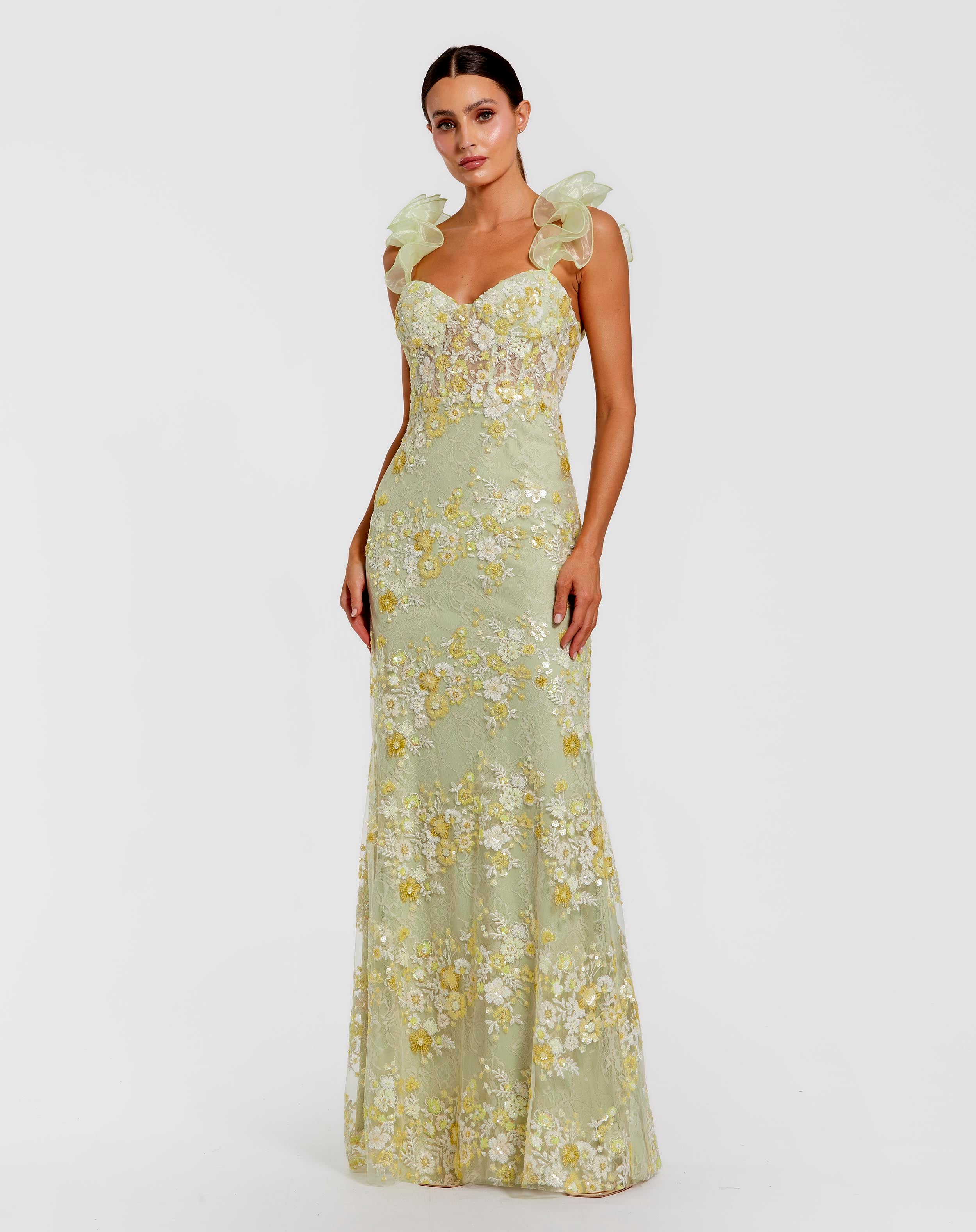 Green Embroidered Lace Floral Gown with Ruffle Straps - Mac Duggal