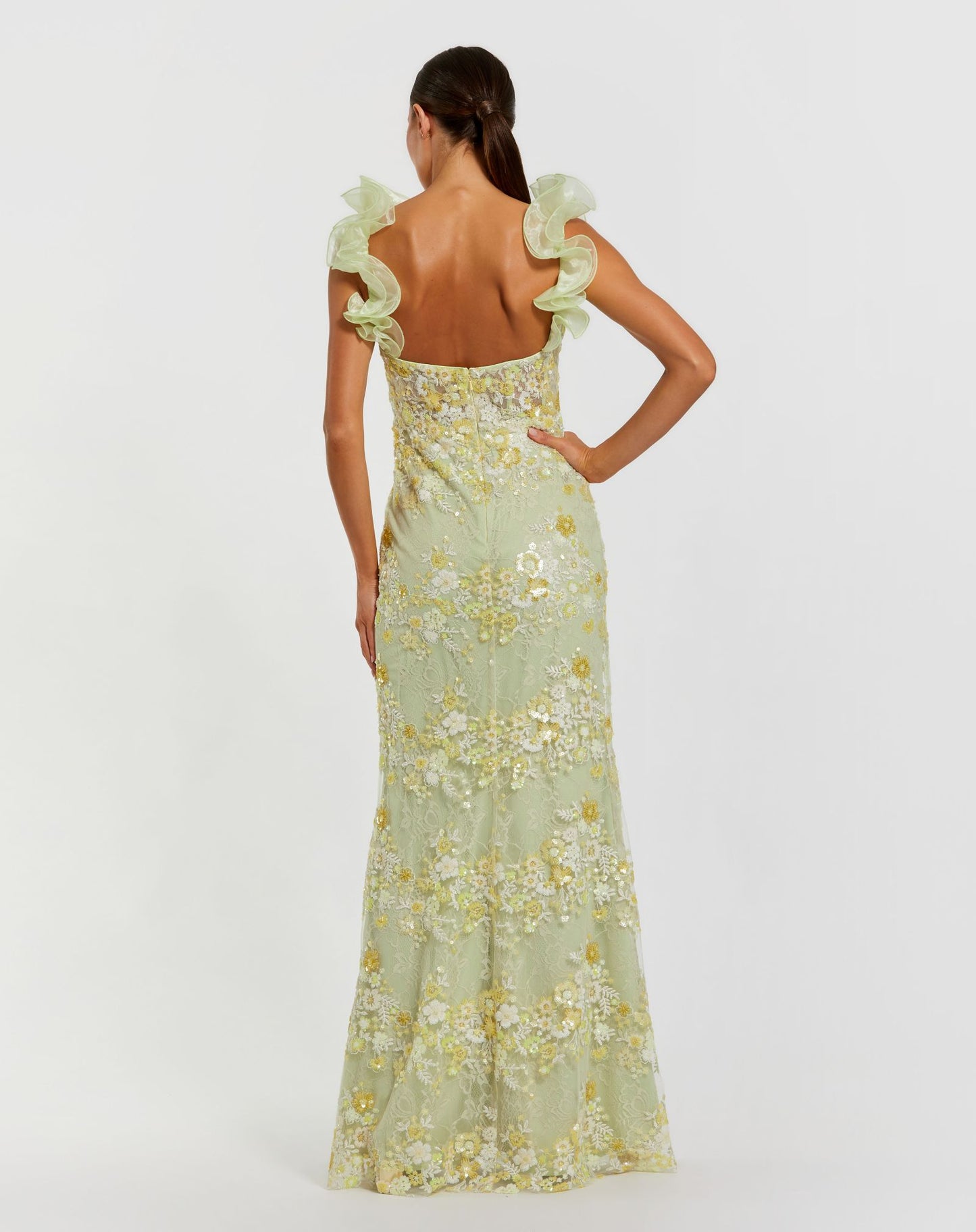 Green Embroidered Lace Floral Gown with Ruffle Straps - Mac Duggal