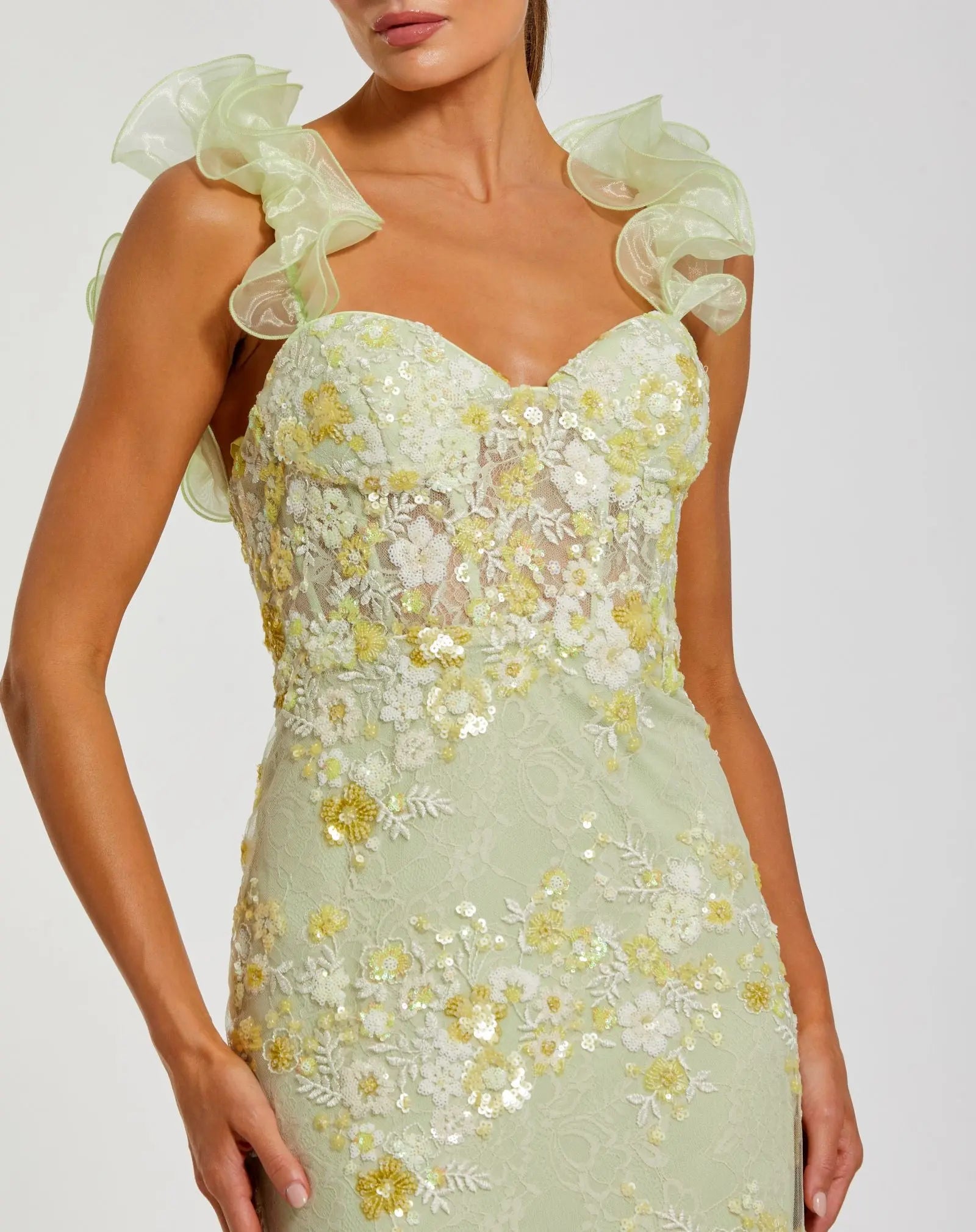 Green Embroidered Lace Floral Gown with Ruffle Straps | Mac Duggal Green Embroidered Lace Floral Gown with Ruffle Straps | Mac Duggal
