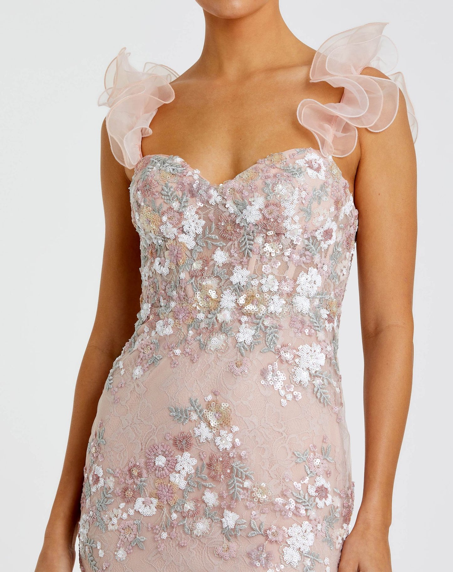 Floral Embroidered Bustier Gown With Ruffle Straps