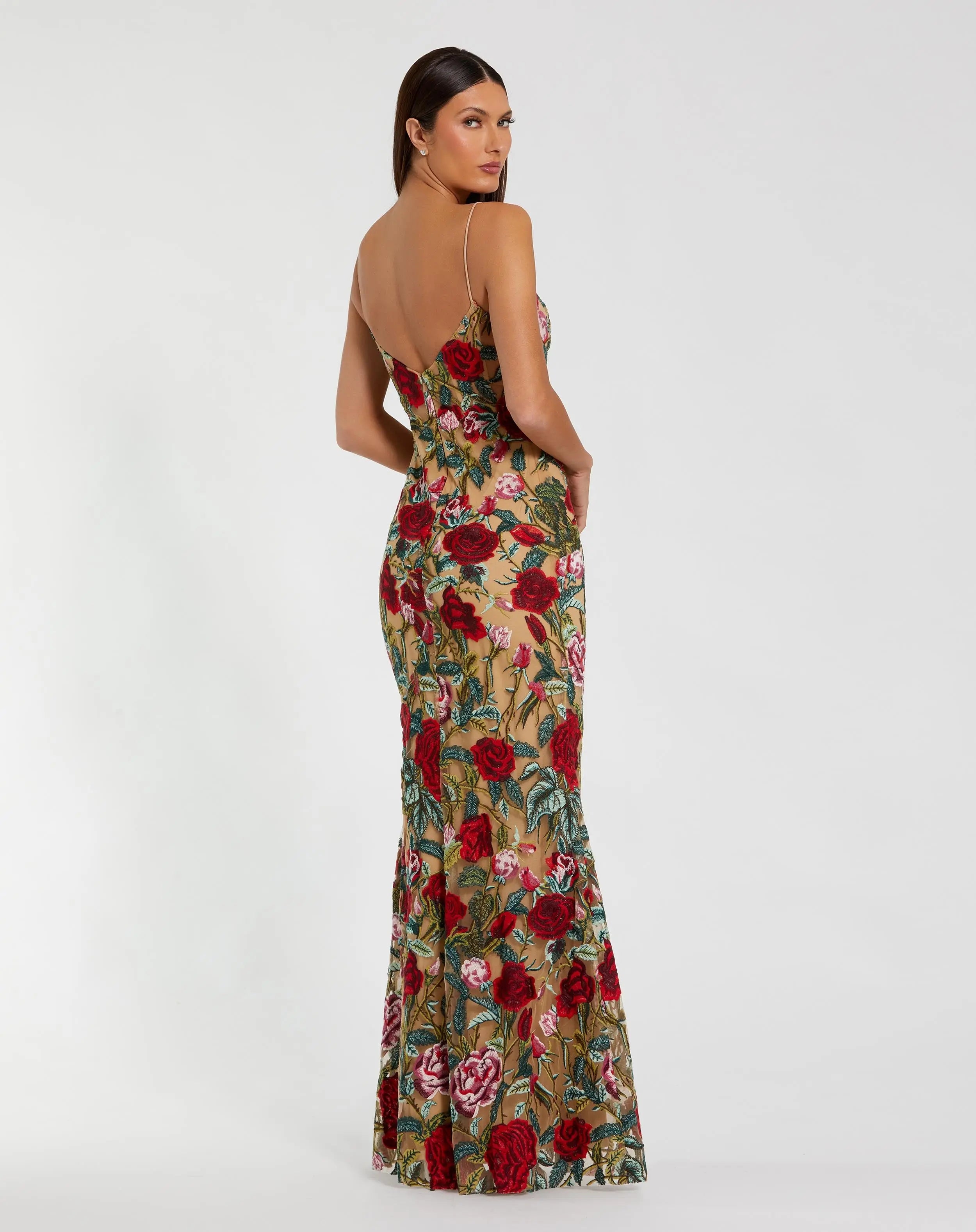 Beige Multicolor Embroidered Spaghetti Strap Floral Dress - Ieena for Mac Duggal