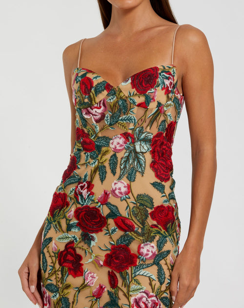 Floral Embroidered Spaghetti Strap Gown