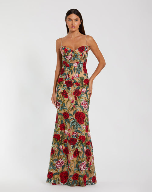 Floral Embroidered Spaghetti Strap Gown