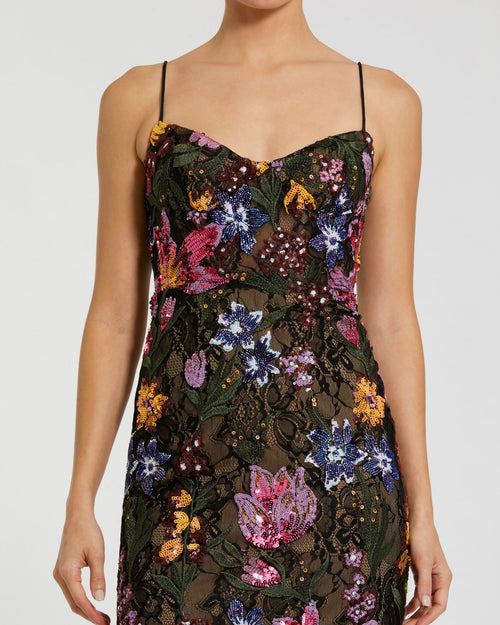 Black Spaghetti Strap Floral Embroidered Gown