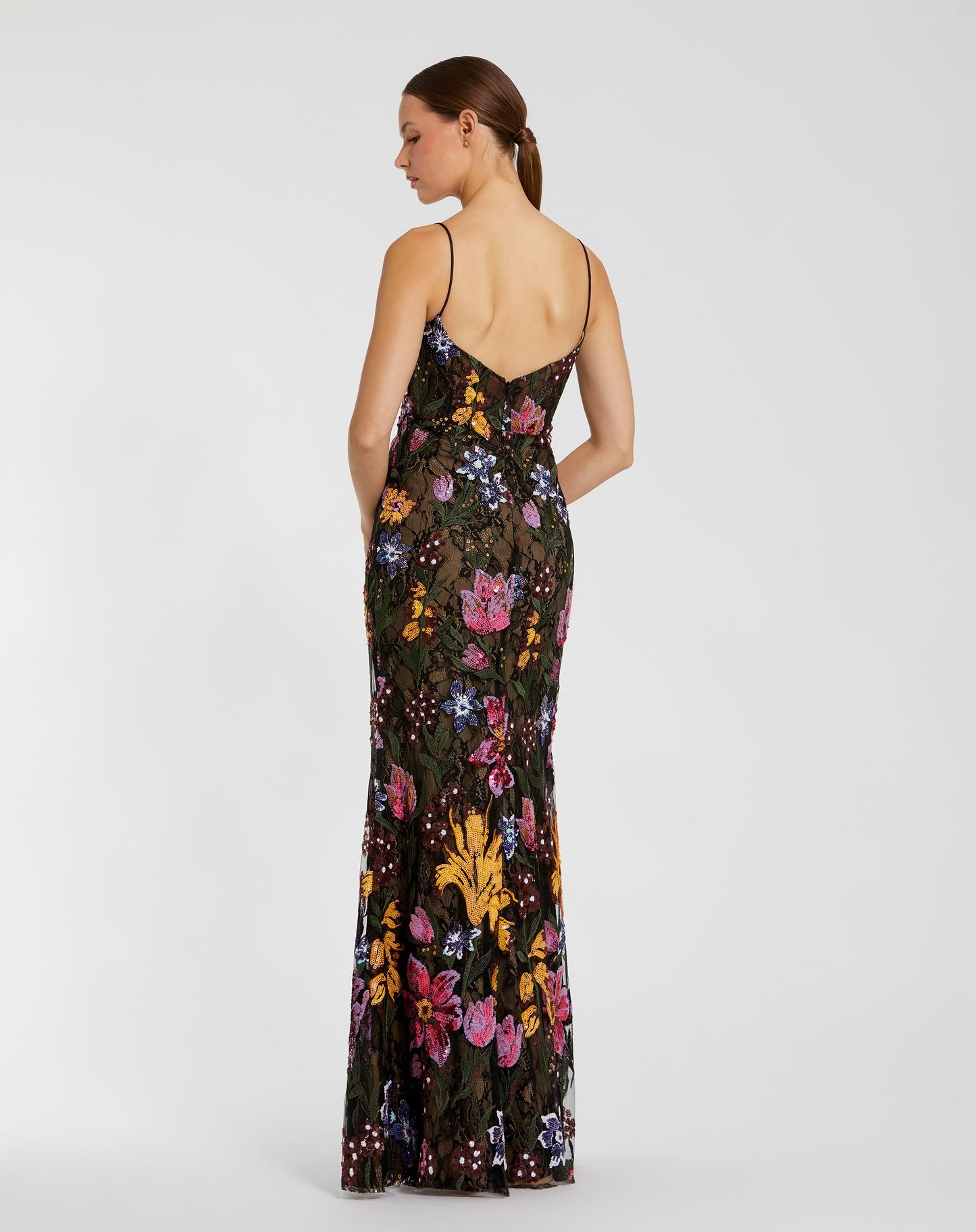 Black Spaghetti Strap Floral Embroidered Gown