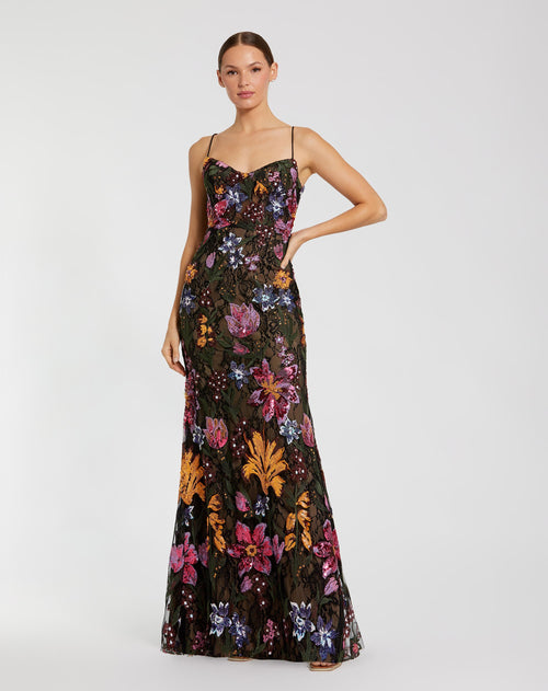 Black Spaghetti Strap Floral Embroidered Gown