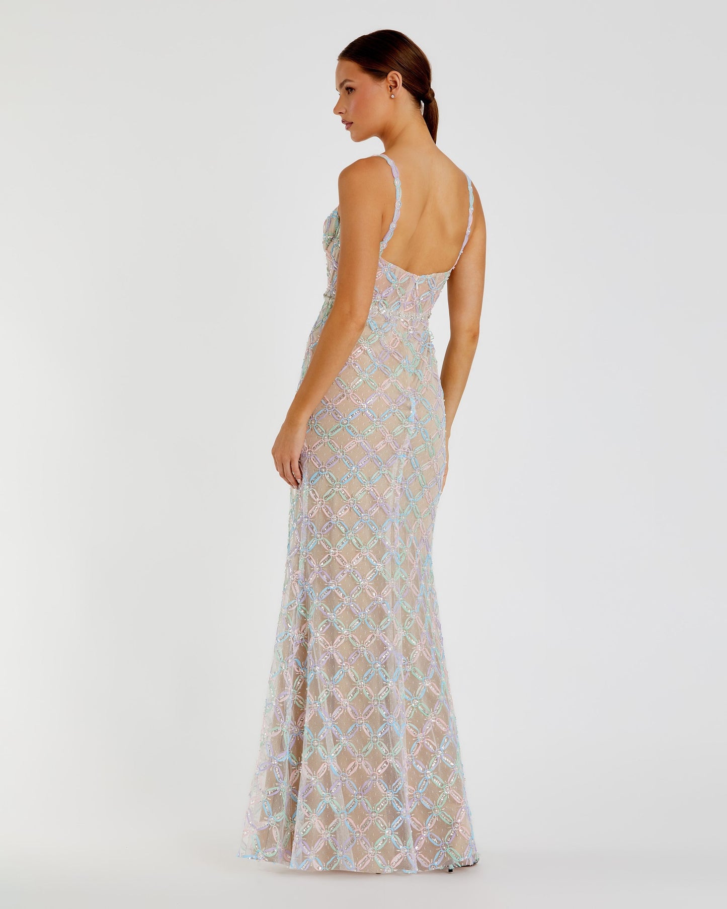 Beige Multicolor Pearl Embellished Bustier Column Gown Mac Duggal