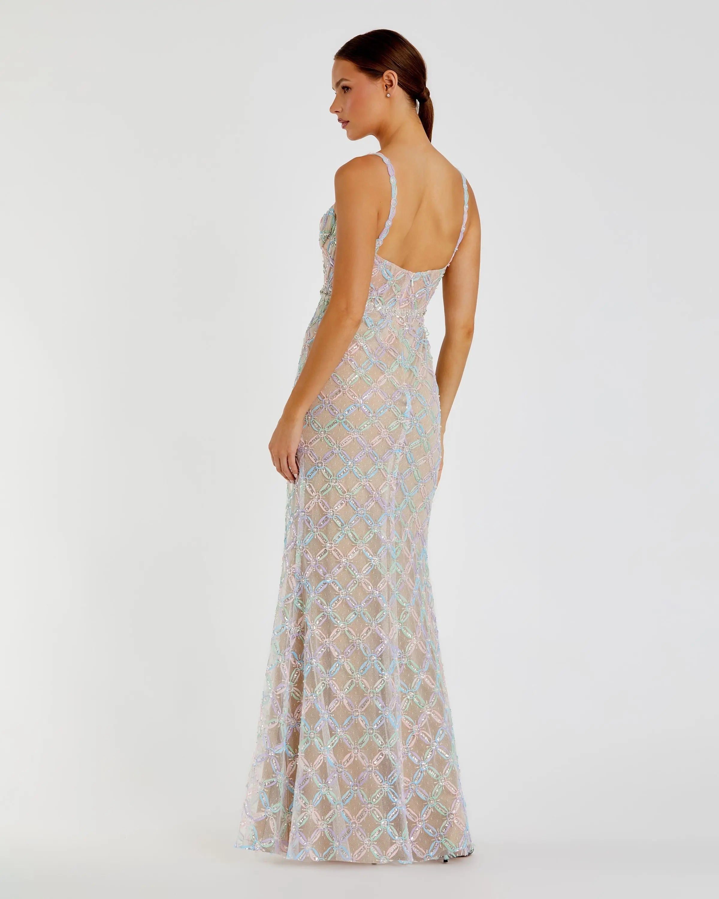 Beige Multicolor Pearl Embellished Bustier Column Gown Mac Duggal