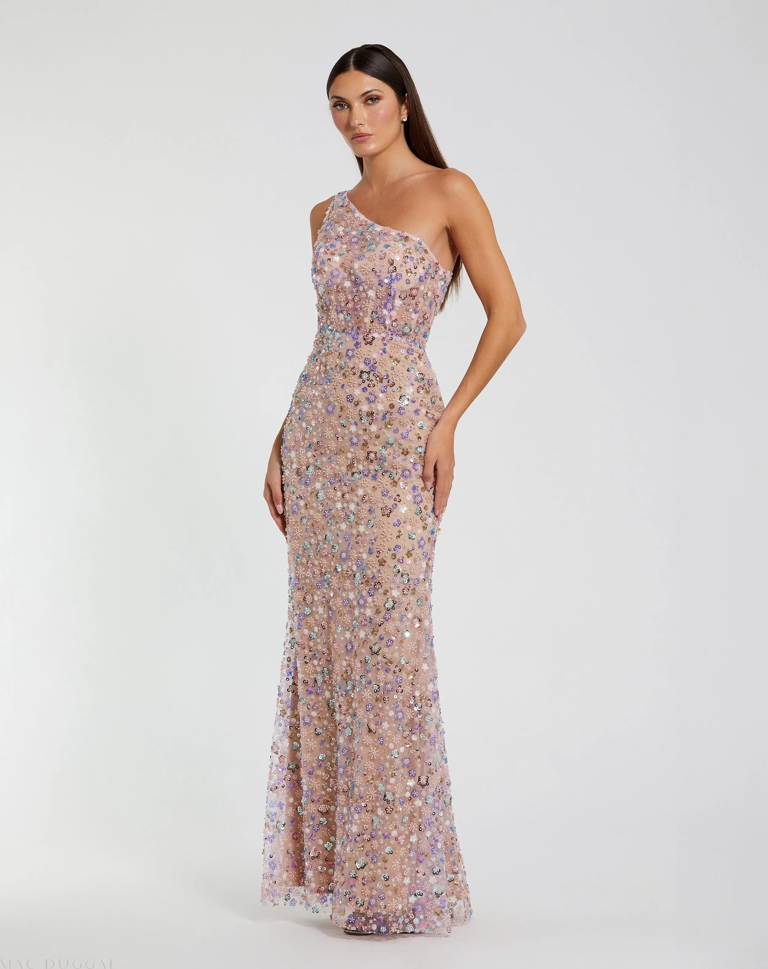 Pink Floral Embellished One-Shoulder Column Gown - Mac Duggal