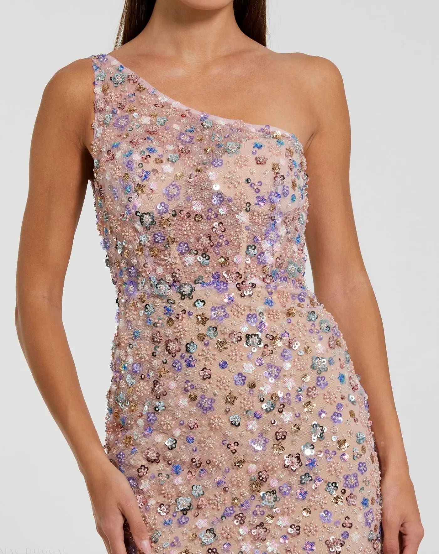 Pink Floral Embellished One-Shoulder Column Gown - Mac Duggal
