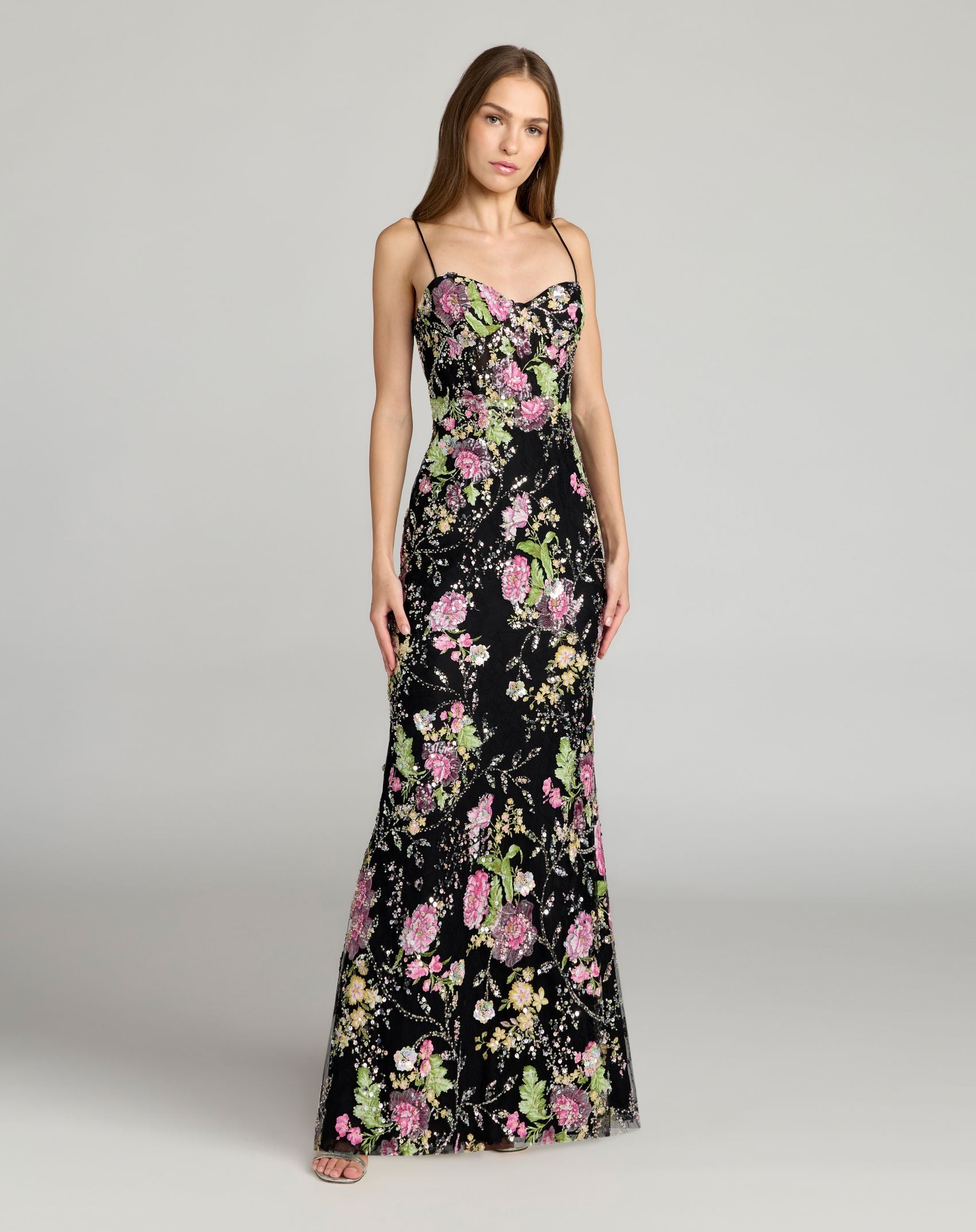 Black Embellished Bustier Floral Trumpet Gown- Mac Duggal