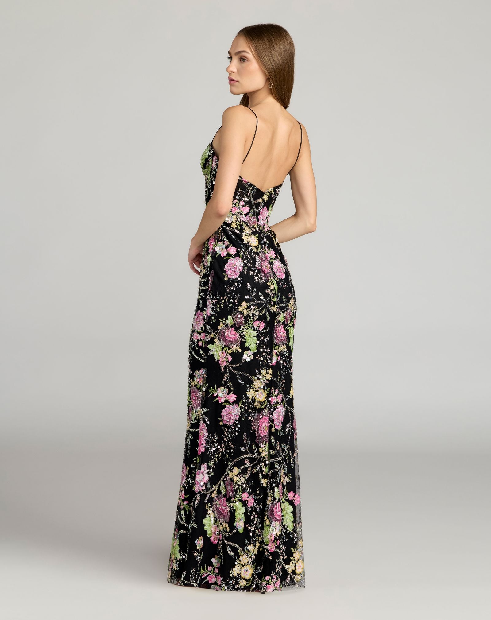 Black Embellished Bustier Floral Trumpet Gown- Mac Duggal