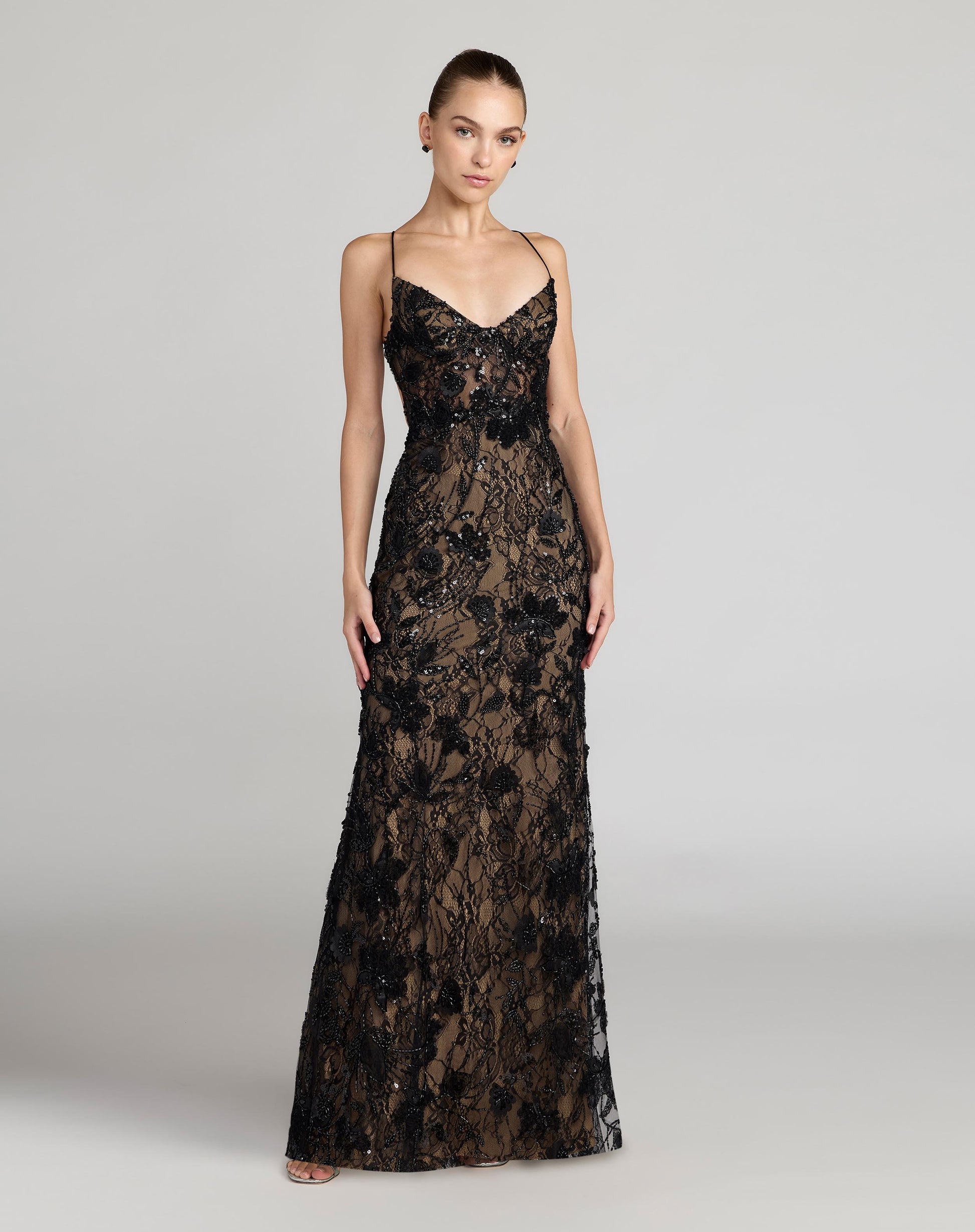 Mac Duggal Women's Floral Lace Open-Back Gown - Black Beige - Size 8 Mac Duggal Women's Floral Lace Open-Back Gown - Black Beige - Size 8