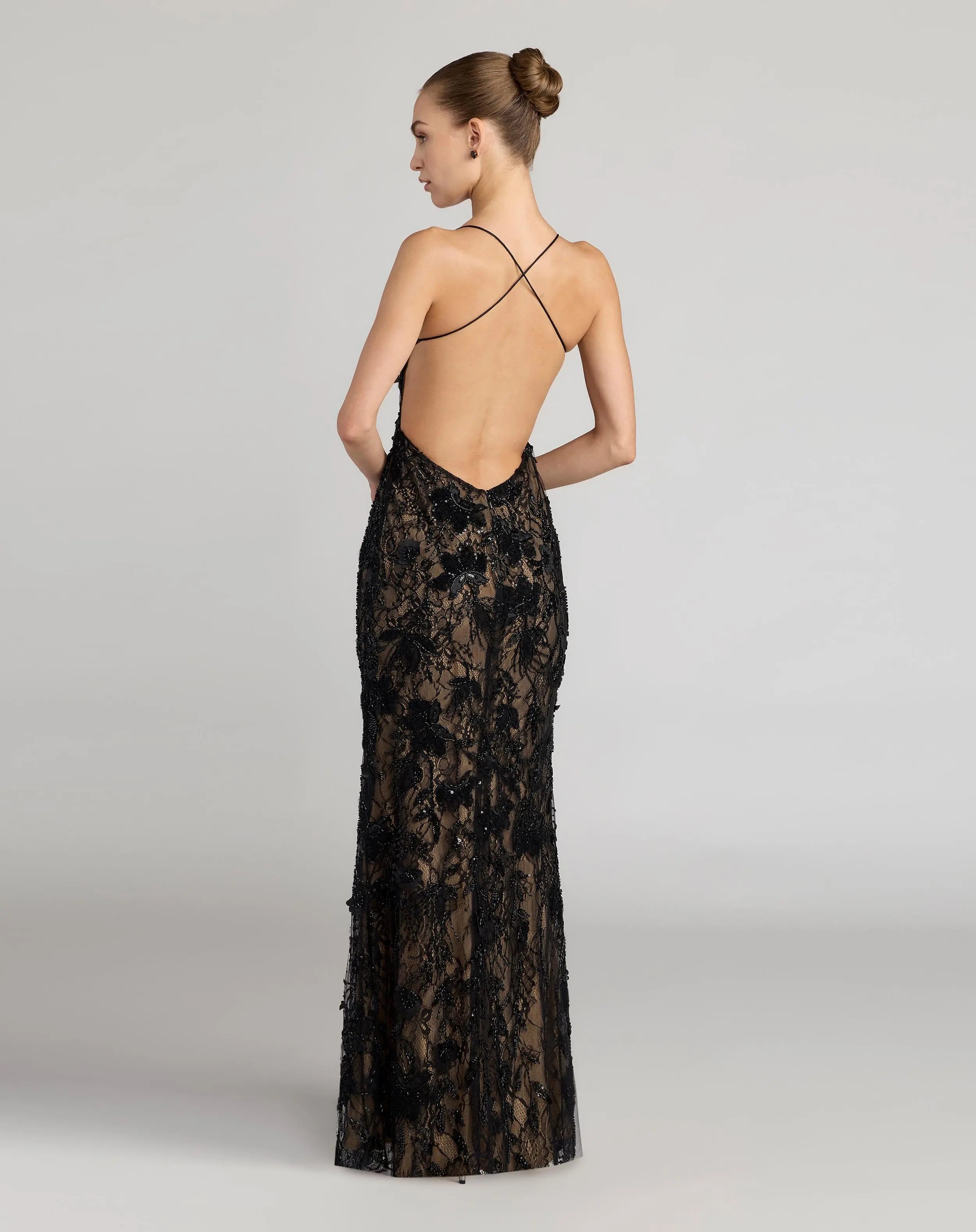 Black Embroidered Sleeveless Open Back Column Gown - Mac Duggal