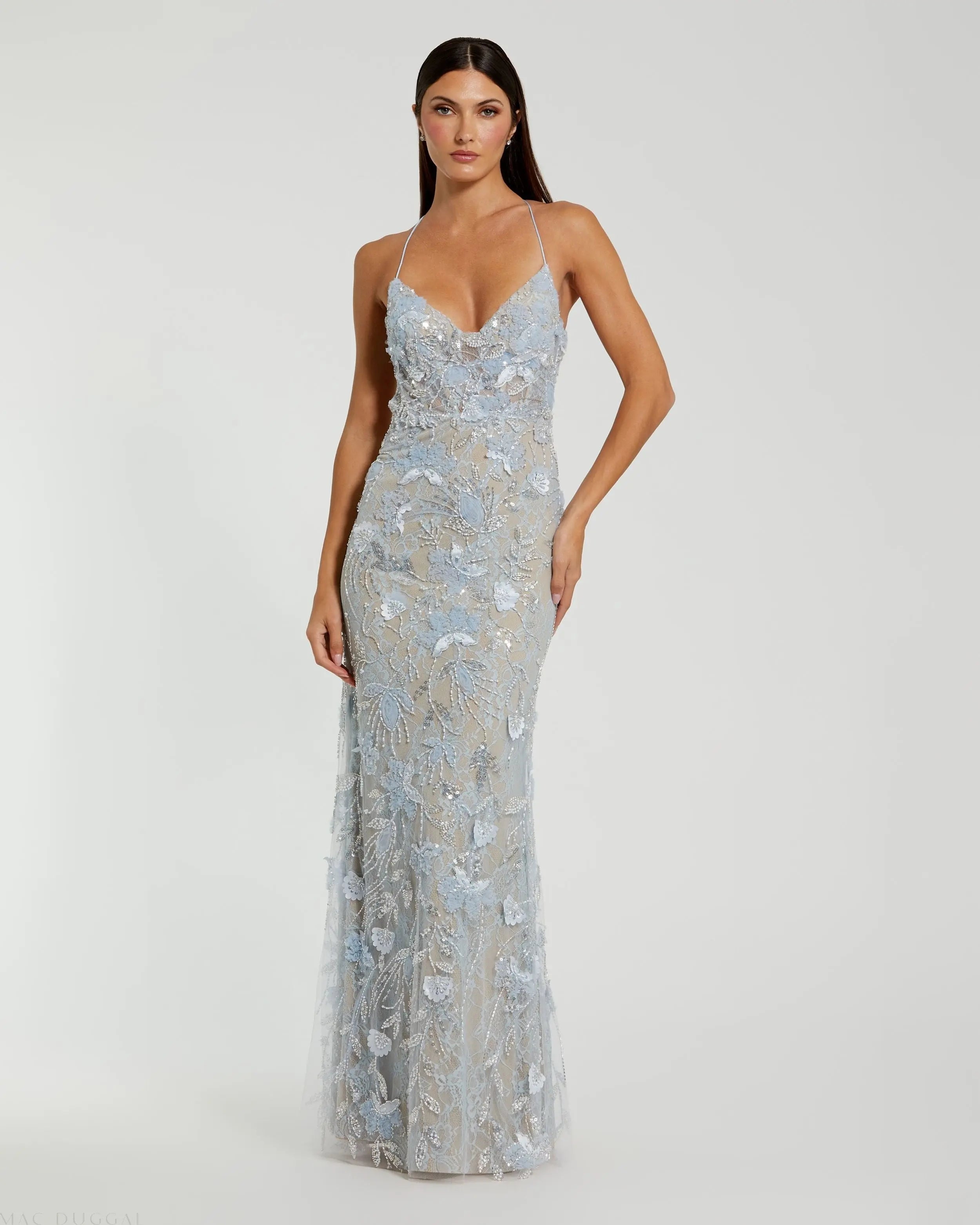 Blue Embroidered Sleeveless Open Back Column Gown - Mac Duggal
