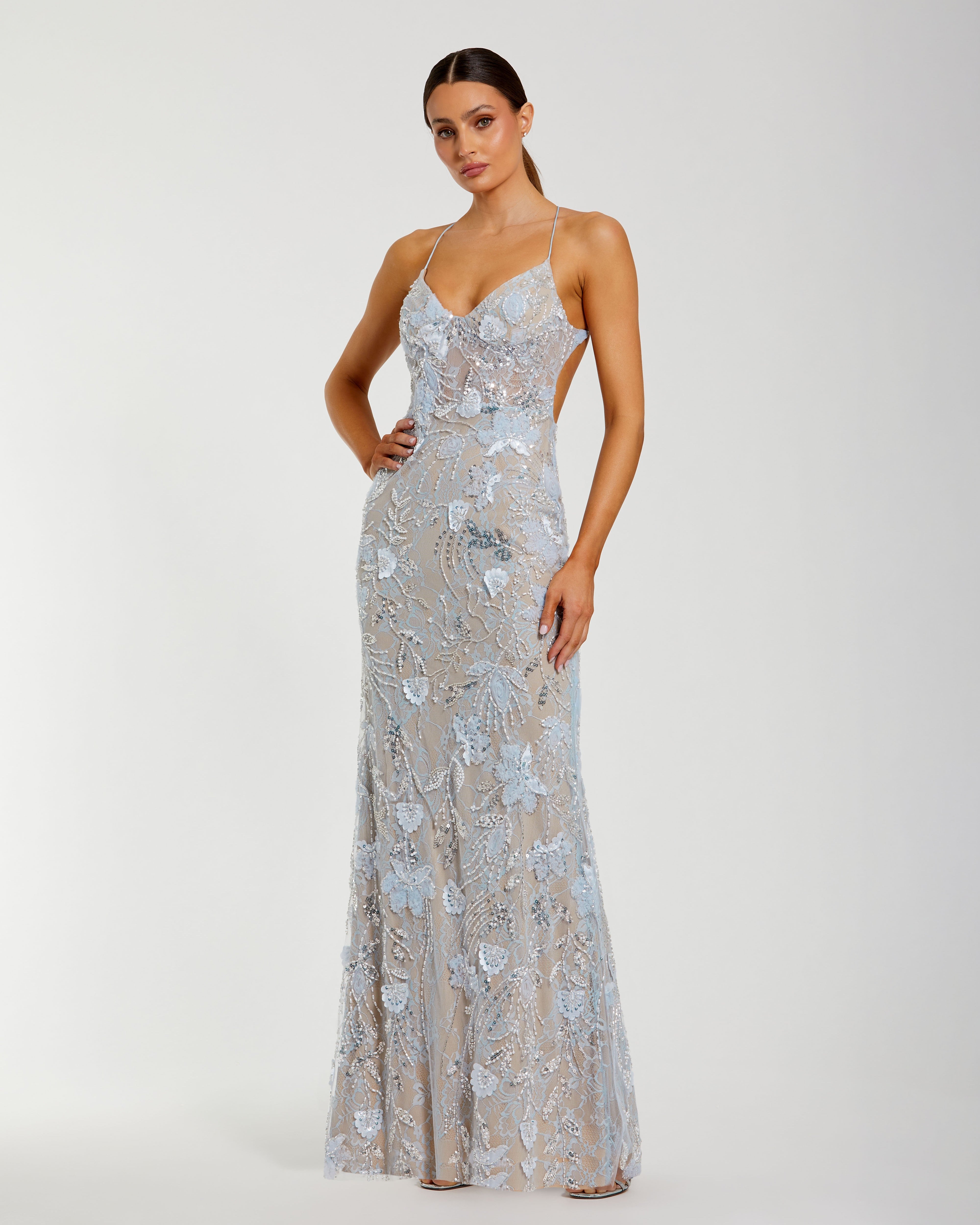 Blue Embroidered Sleeveless Open Back Column Gown - Mac Duggal