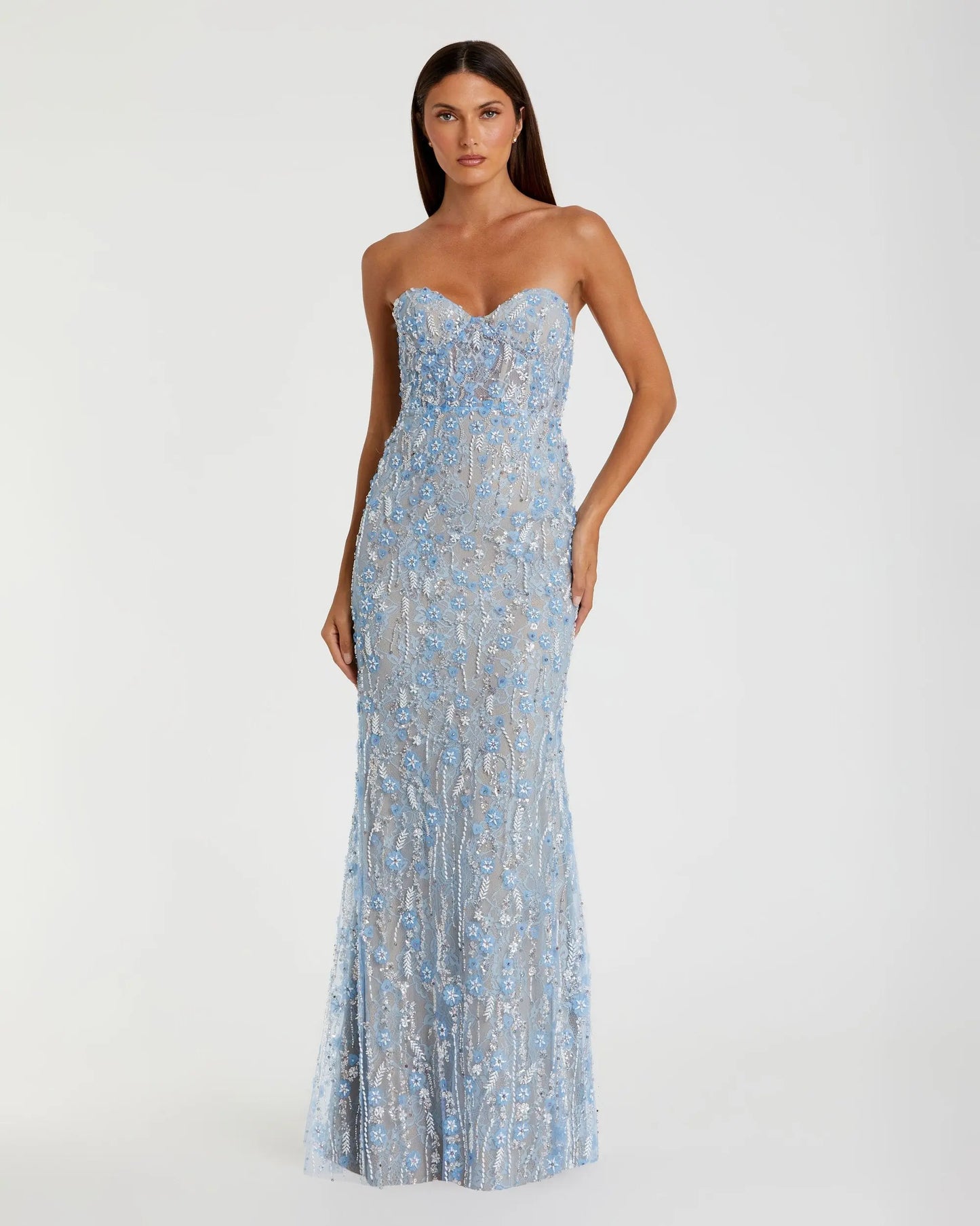 Mac Duggal - Blue Embellished Lace Strapless Bustier Gown - US 8 Mac Duggal - Blue Embellished Lace Strapless Bustier Gown - US 8