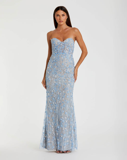 Blue Embellished Lace Strapless Bustier Gown - Mac Duggal