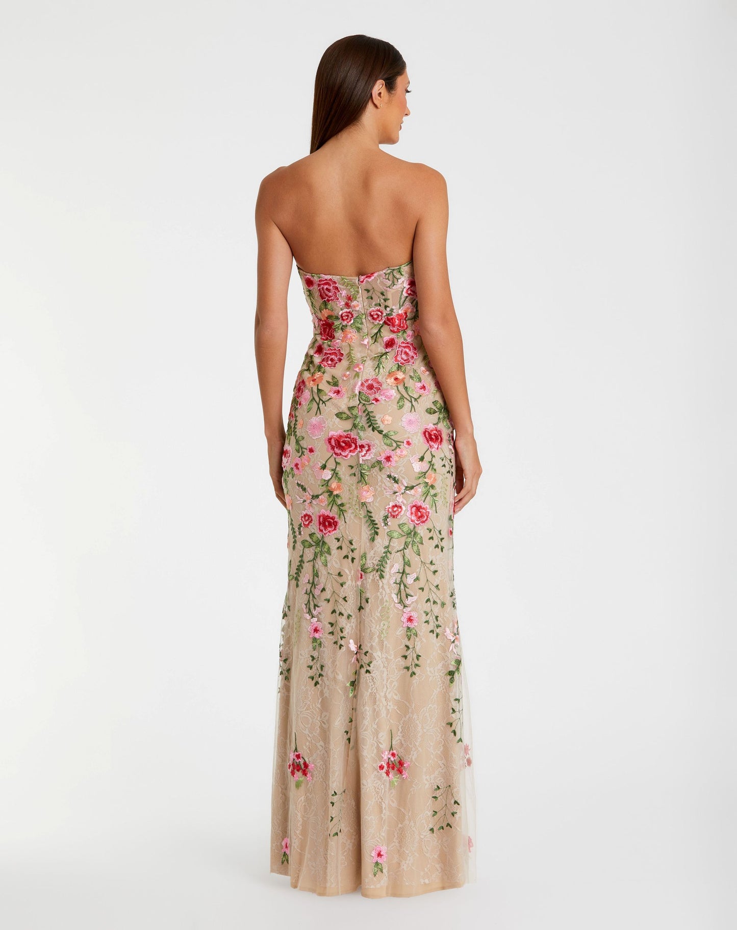 Beige Floral Embroidered Strapless Bustier Gown - Mac Duggal