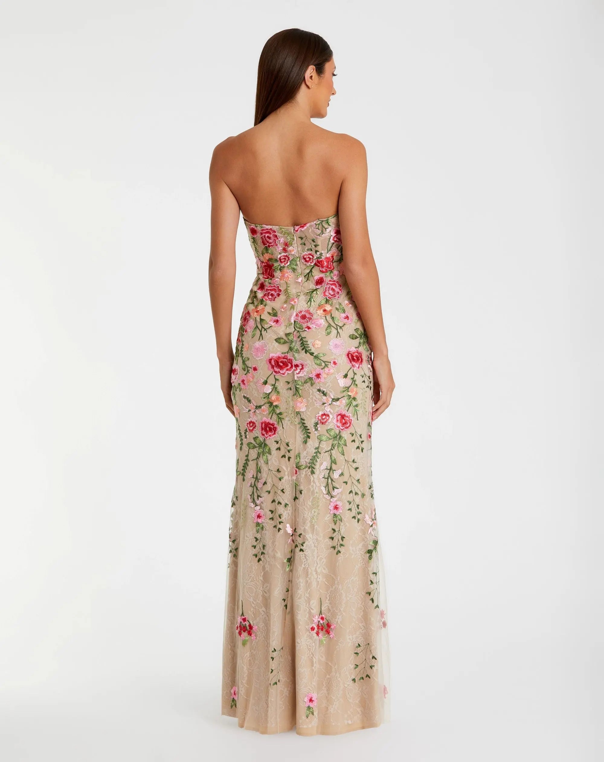 Beige Floral Embroidered Strapless Bustier Gown - Mac Duggal