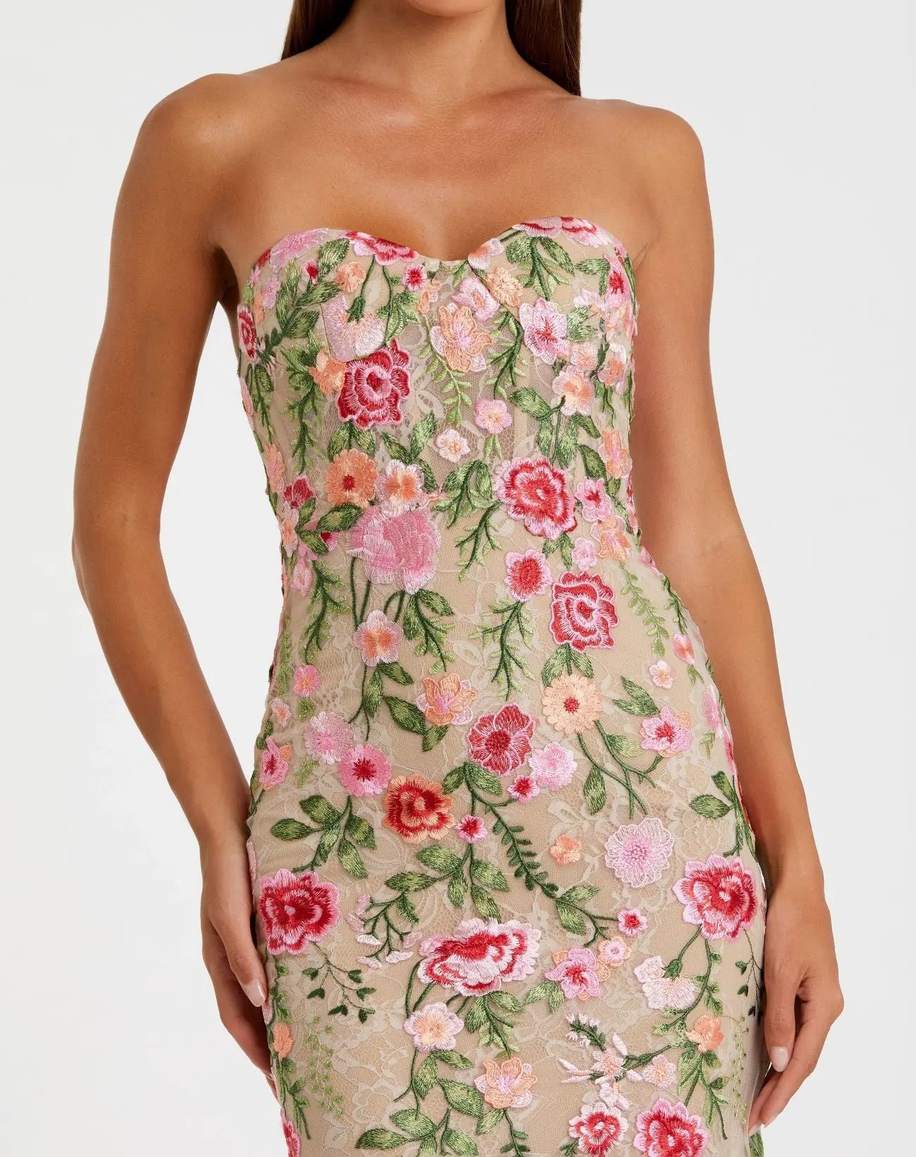 mac duggal strapless bustier sequin beaded mini dress Beige Floral Embroidered Strapless Bustier Gown