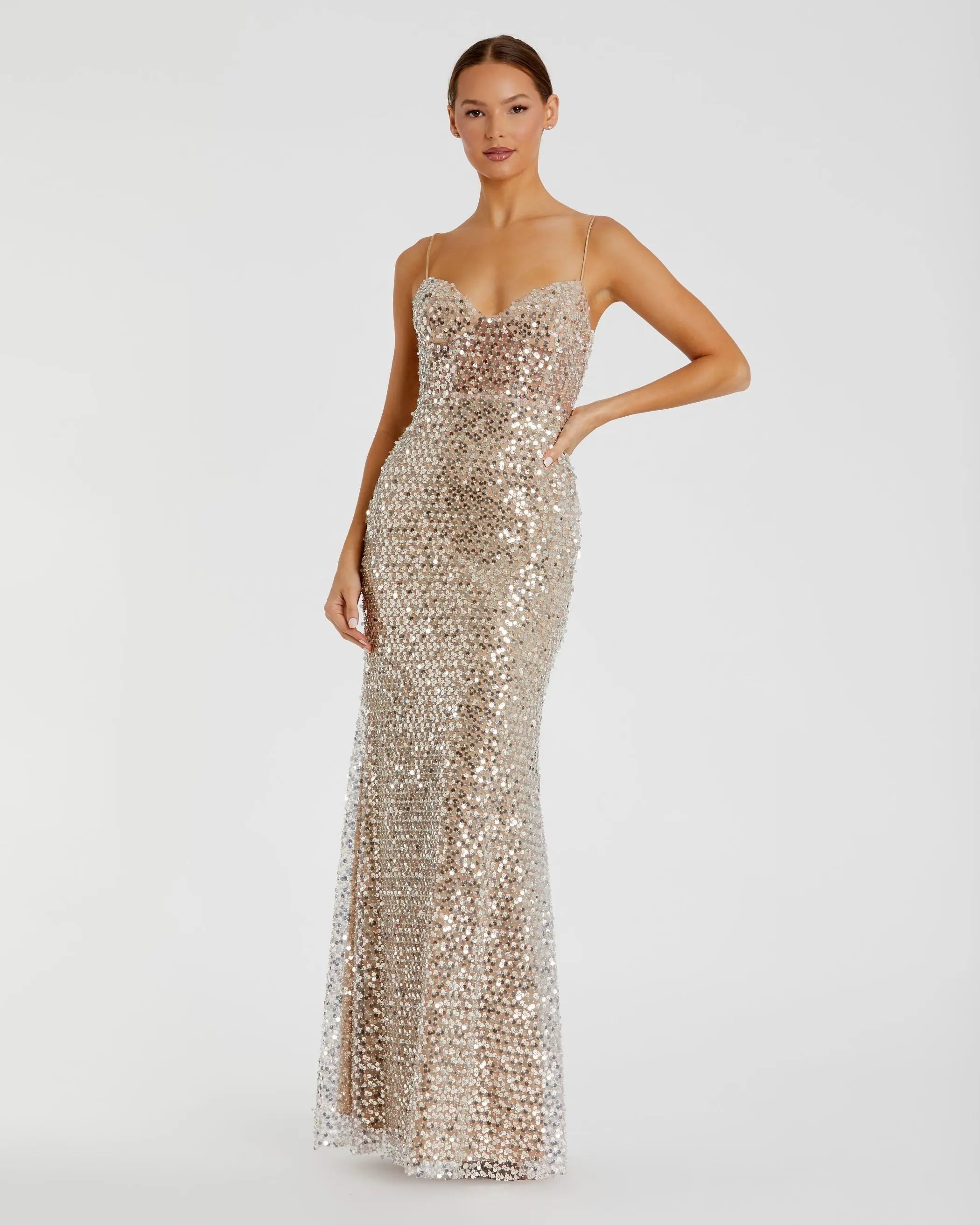 Silver Embellished Bustier Column Gown | Mac Duggal
